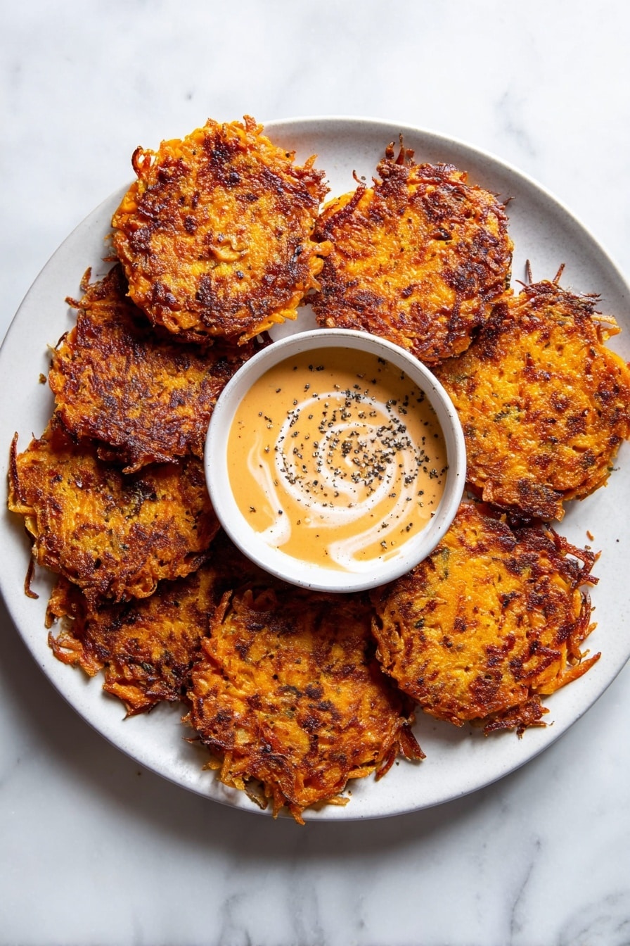 A white plate on a white marbled surface holds seven round, crispy fritters, each with a deep orange and golden brown color, showing a textured surface of grated vegetables, slightly charred around the edges. On the upper left side of the plate, a small white bowl contains a creamy dipping sauce with a light swirl of white cream on top, sprinkled with black pepper. The fritters are layered closely together, showing a crunchy, uneven texture. photo taken with an iphone --ar 2:3 --v 7 - Baked Vegan Sweet Potato Hash Browns, vegan hash brown recipe, healthy sweet potato hash, crispy vegan breakfast, baked hash brown ideas