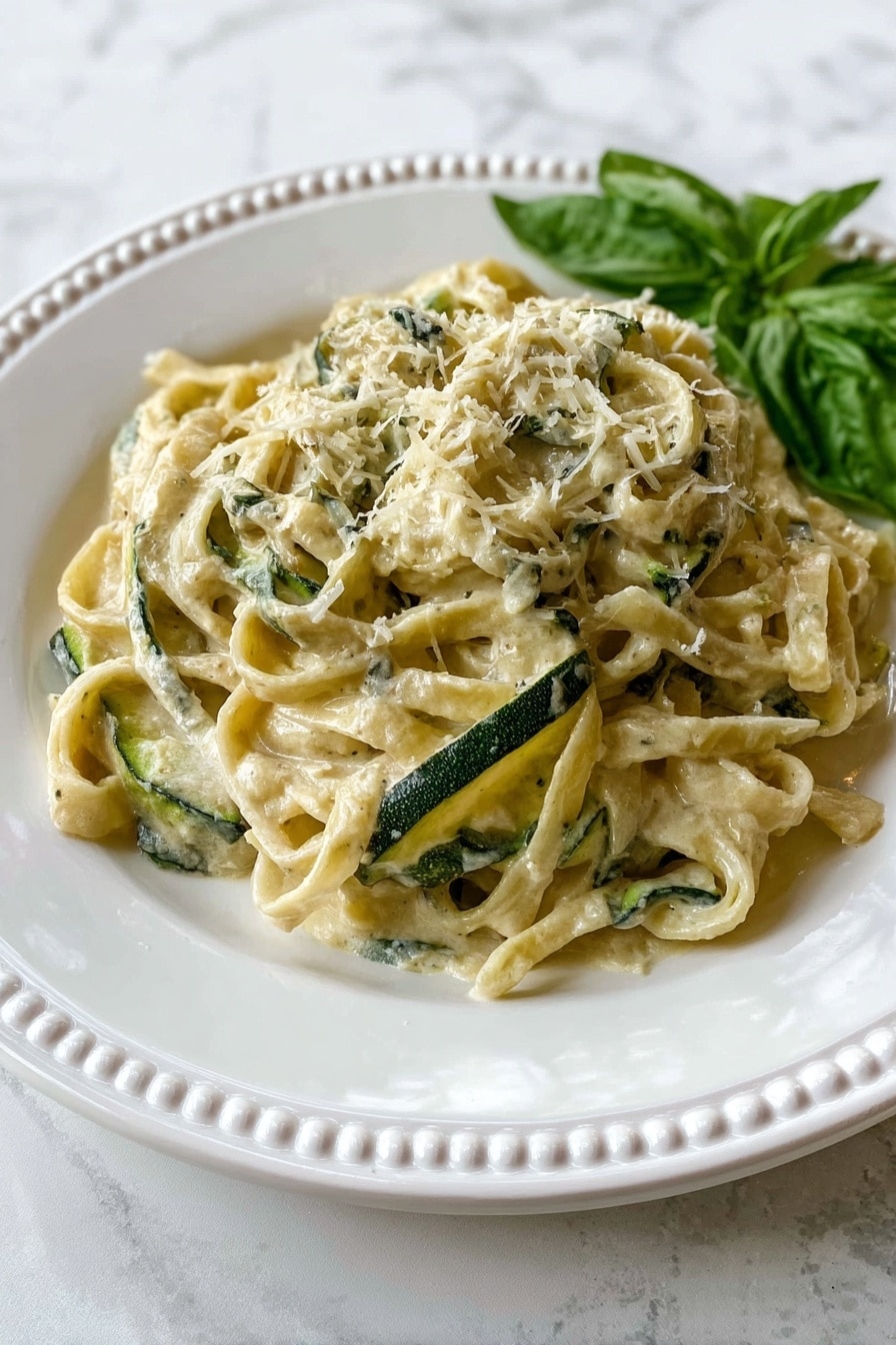 A white plate with a thin black rim holds a nest of thick, creamy pasta strands that are light golden in color. Mixed throughout the pasta are slices of green zucchini, some slightly browned and soft, adding texture and color contrast. Drizzled around and on top is a light yellow oily sauce that adds a glossy shine to the dish. A sprinkling of grated white cheese dusts the edges of the plate lightly. The plate is set on a cream-colored cloth with green stripes, which rests on a white marbled surface. photo taken with an iphone --ar 2:3 --v 7 - Creamy Zucchini Pasta, zucchini pasta recipe, healthy creamy pasta, easy zucchini pasta, vegetarian pasta dishes