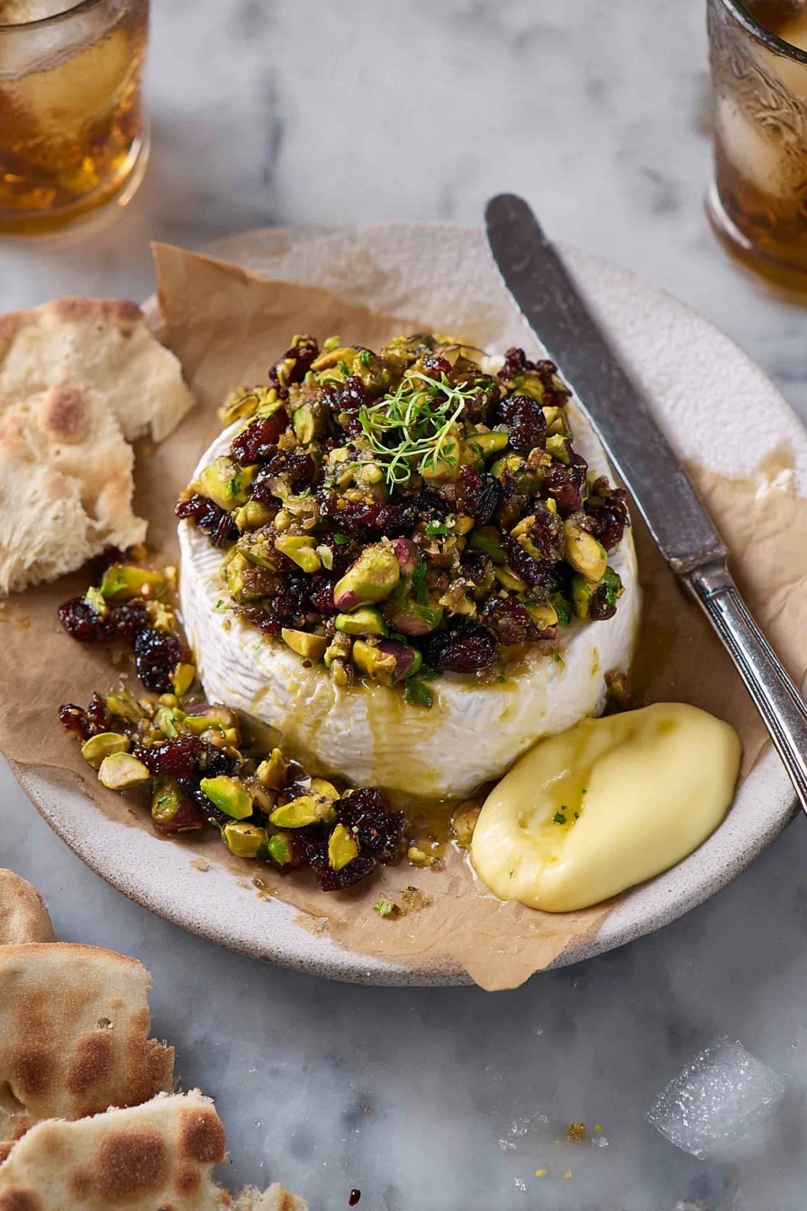 A whole round of white soft cheese sits at the center of a white plate lined with light brown parchment paper. The cheese is topped with a thick layer of glossy dark brown jam mixed with bright green chopped pistachios, creating a textured and shiny surface. Small green sprigs decorate the top, adding freshness to the rich topping. To the right of the plate, broken pieces of crispy, browned flatbread rest on the white marbled surface. A long, vintage silver knife with a worn handle rests across the plate’s edge. Photo taken with an iphone --ar 2:3 --v 7 - Baked Brie with Fig Jam and Pistachios, baked brie appetizer, easy cheese appetizer, elegant party appetizer, fig jam cheese dip