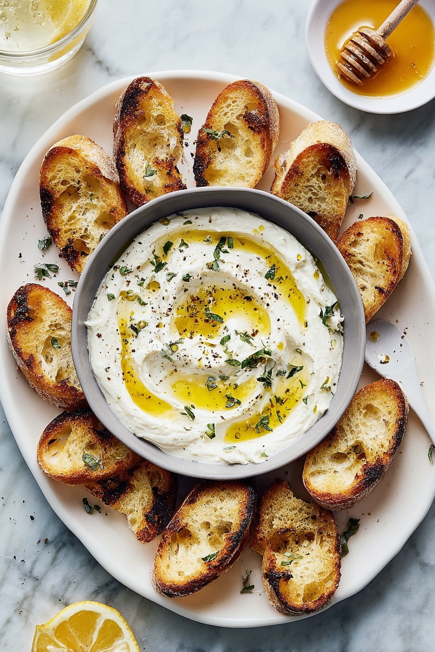 A white oval plate with a gray bowl in the center filled with creamy white dip swirled on top with golden olive oil and sprinkled with small green herb leaves and black pepper. Around the bowl, there are twelve golden toasted baguette slices, showing a crunchy texture with some darker grill marks and light seasoning. The setting includes a white marbled surface beneath the plate, a glass with half a lemon to the bottom left, a glass of water to the top left, and a small white bowl with light honey and a honey dipper at the top right. Photo taken with an iphone --ar 2:3 --v 7 - Whipped Ricotta Dip with Honey, Ricotta honey dip, Easy ricotta cheese appetizer, Creamy honey ricotta dip, Elegant party dip