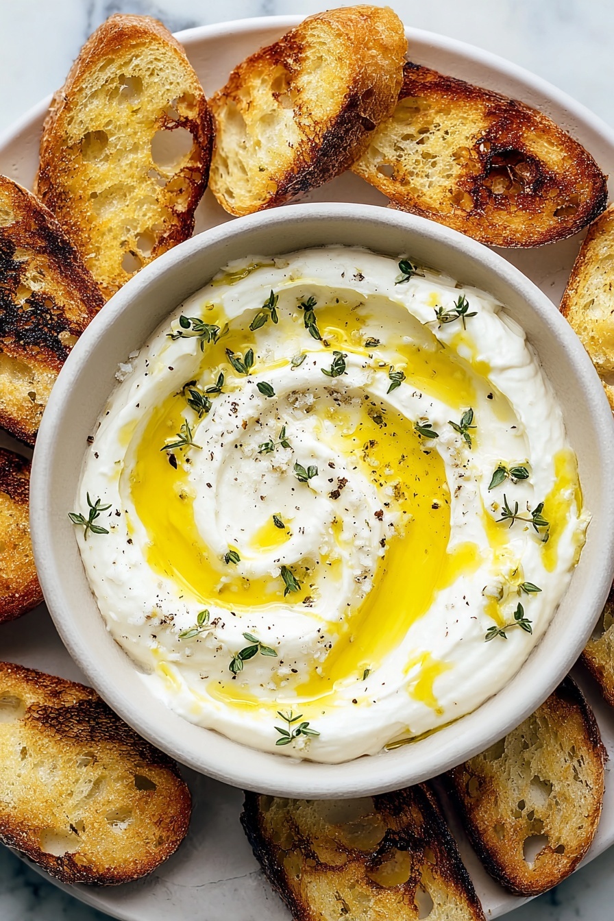 This dish shows a white bowl filled with a creamy white puree, swirled in a circular pattern with some small pools of golden yellow oil on top. Bright green small herb leaves, likely thyme, are scattered evenly across the puree, with a light dusting of black pepper and coarse salt sprinkled over everything. On the edge of the bowl, two pieces of toasted bread with a light brown crust and some dark charred spots rest partially submerged in the creamy puree. The background surface is a white marbled texture. Photo taken with an iphone --ar 2:3 --v 7 - Whipped Ricotta Dip with Honey, Ricotta honey dip, Easy ricotta cheese appetizer, Creamy honey ricotta dip, Elegant party dip