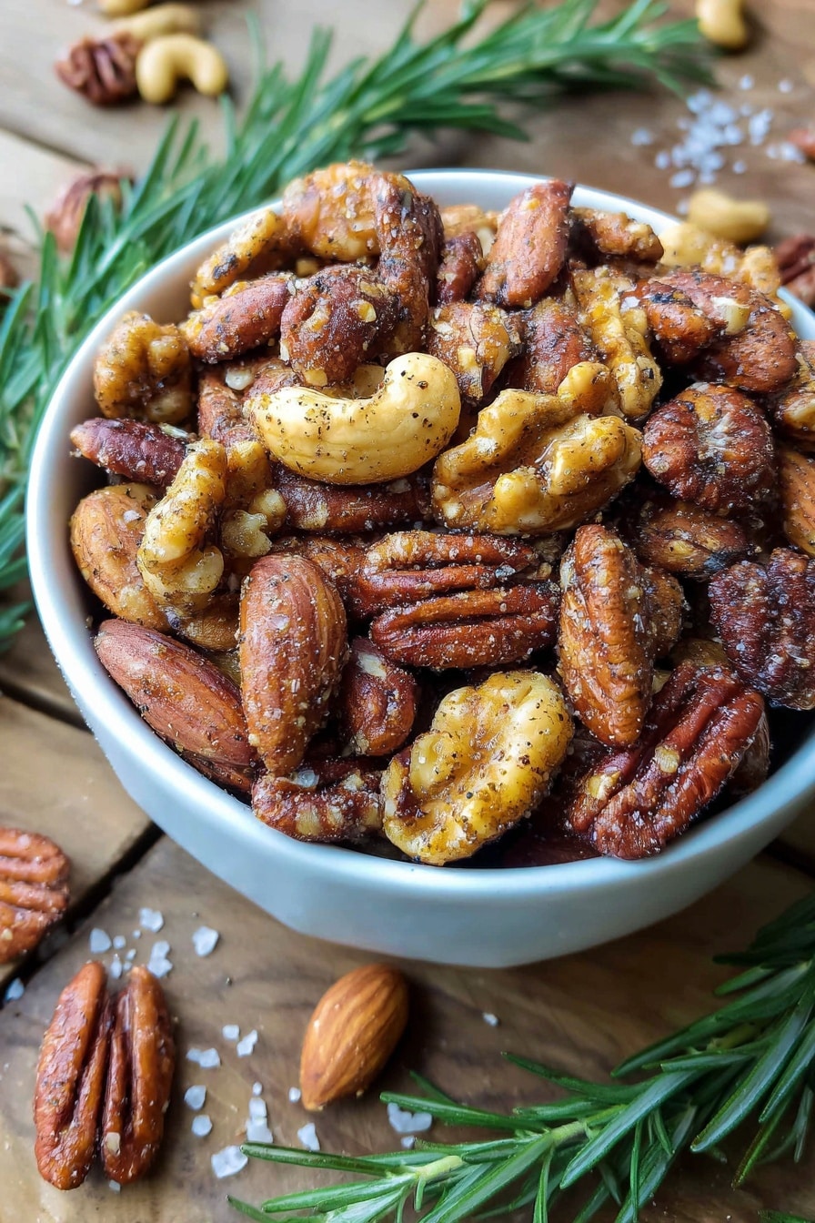 A white bowl filled with a mix of roasted nuts including whole almonds, pecans, and walnuts. The nuts have a crispy texture with a light brown color and are coated with visible seasoning specks. The bowl is placed on a wooden surface with some spilled nuts and coarse salt around it. Green rosemary sprigs frame the bowl, adding a fresh contrast. Photo taken with an iphone --ar 2:3 --v 7 - Rosemary Roasted Mixed Nuts, roasted mixed nuts recipe, easy nut snack, flavorful roasted nuts, homemade nut mix