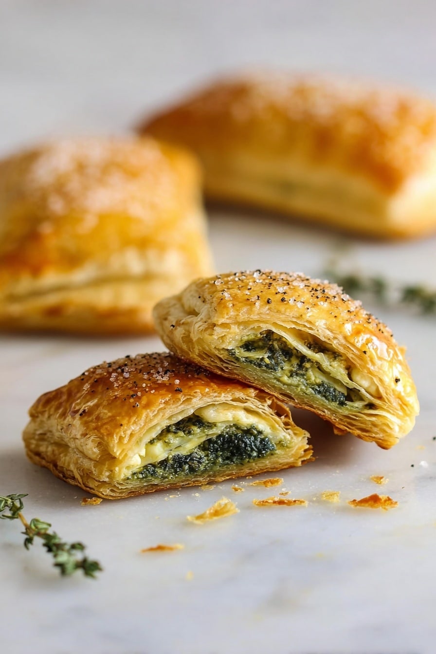 The image shows three golden-brown puff pastries on white parchment paper, arranged on a round wire rack over a white marbled surface. Each pastry has multiple flaky, layered crusts with a slightly crispy texture, and the top layer sprinkled with coarse salt and tiny green herb sprigs. One pastry edge reveals a darker, cooked filling inside. At the back, a small clear glass bowl contains dark amber syrup with a spoon resting inside it, and a blurred bowl of coarse salt is visible in the foreground. The overall look is warm and inviting, with natural light highlighting the flaky layers and rich colors of the pastries. photo taken with an iphone --ar 2:3 --v 7 - Vegan Caramelized Onion Spinach Puff Pastry, vegan savory pastry, caramelized onion spinach tart, vegan puff pastry ideas, spinach and onion vegan tart