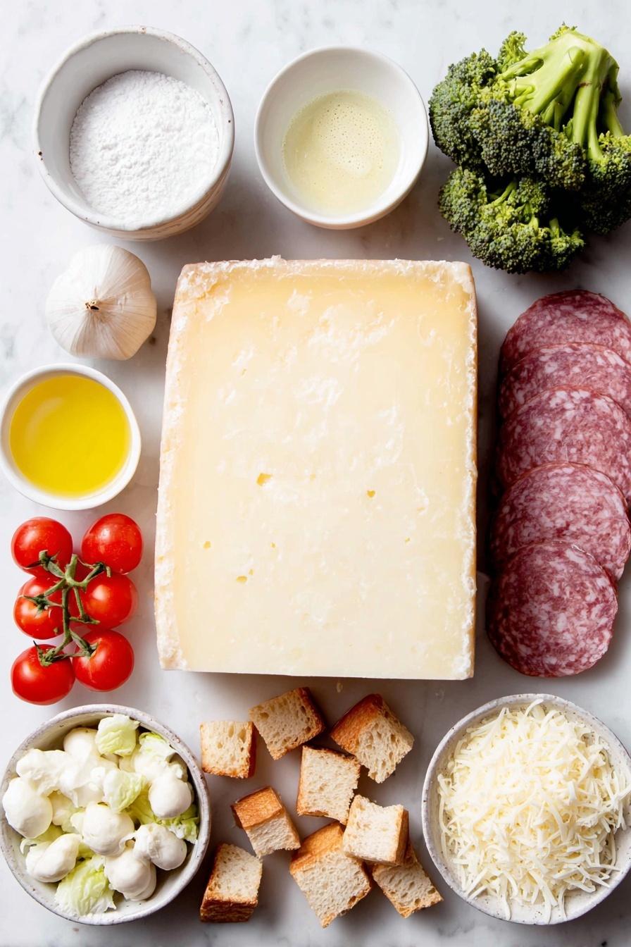 Flat lay of firm alpine-style cheese wedge, block of fontina cheese, wedge of gouda cheese, small white ceramic bowl with cornstarch powder, small white ceramic bowl with dry white wine, whole garlic clove, small white ceramic bowl with fresh lemon juice, small white ceramic bowl with brandy, small white ceramic bowl with Dijon mustard, small white ceramic bowl with ground nutmeg, boiled baby new potatoes with skins, lightly steamed broccoli florets, lightly steamed cauliflower florets, lightly steamed asparagus spears, button mushrooms without stems, fresh cherry tomatoes, slices of firm green apple, cooked sliced hot sausage, cubes of French bread, cubes of sourdough bread, cubes of pumpernickel bread, all ingredients arranged symmetrically and naturally placed on a clean white marble surface, soft natural light, photo taken with an iPhone, professional food photography style, fresh ingredients, white ceramic bowls, no bottles, no duplicates, no utensils, no packaging --ar 2:3 --v 7 --p m7354615311229779997 - Cheese Fondue, Cheese Fondue with Dippables, Melty Cheese Dip Recipe, Easy Cheese Fondue, Party Cheese Fondue