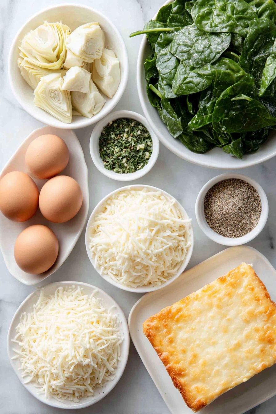 Flat lay of fresh chopped spinach leaves loosely piled in a small white ceramic bowl, tender artichoke hearts quartered and placed in a simple white dish, a small white bowl holding finely minced fresh garlic, a neat mound of grated pale parmesan cheese on a white plate, a soft chunk of cream cheese on a white ceramic square dish, shredded creamy mozzarella cheese half in a small white bowl and the other half sprinkled on a white plate, whole uncracked brown eggs arranged symmetrically to represent the dairy source, a small white bowl with coarse garlic salt mixed with fresh green parsley flakes, freshly ground black peppercorns in a tiny white bowl, and a plain, unrolled crescent dough sheet laid flat on a white plate, placed on a clean white marble surface, soft natural light, photo taken with an iPhone, professional food photography style, fresh ingredients, white ceramic bowls, no bottles, no duplicates, no utensils, no packaging --ar 2:3 --v 7 --p m7354615311229779997 - Spinach Artichoke Bites, Spinach Artichoke Appetizer, Easy party snacks, Cheesy crescent bites, Quick finger foods