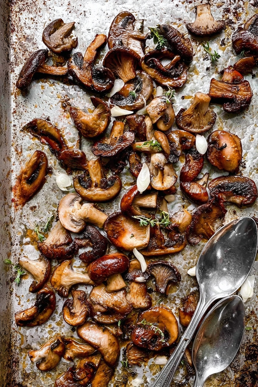 The image shows a single layer of cooked mixed mushrooms scattered across a textured baking tray with a used, slightly oily look. The mushrooms are various shades of brown, from light to dark, with visible grill marks and a soft, cooked texture. There are thin slices of white garlic and small sprigs of green thyme mixed in among the mushrooms. Two shiny silver spoons rest on the bottom right corner of the tray. The background is a white marbled surface. photo taken with an iphone --ar 2:3 --v 7 - Crispy Garlic Thyme Roasted Mushrooms, roasted mushroom side dish, garlic thyme mushroom recipe, crispy mushroom snack, easy baked mushroom recipe
