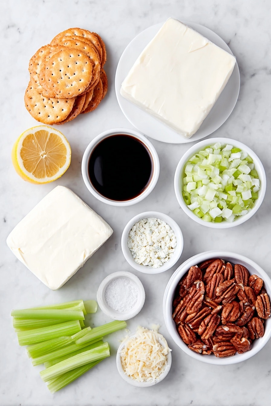 Flat lay of two blocks of smooth cream cheese, a small mound of grated sharp cheddar cheese, a small white bowl of finely minced bright green bell pepper, another bowl filled with thinly sliced scallions, a halved fresh lemon beside a small bowl of pale yellow lemon juice, a small white bowl holding dark Worcestershire sauce, a tiny white bowl with fine garlic powder, a simple white plate layered with chopped pecans, a neat stack of round crackers, a few crisp celery sticks and several red radishes arranged neatly, all placed on a clean white marble surface, soft natural light, photo taken with an iPhone, professional food photography style, fresh ingredients, white ceramic bowls, no bottles, no duplicates, no utensils, no packaging --ar 2:3 --v 7 --p m7354615311229779997 - Cheese Ball with Pecans, cheese ball appetizer, party cheese ball, holiday cheese ball, creamy pecan cheese dip