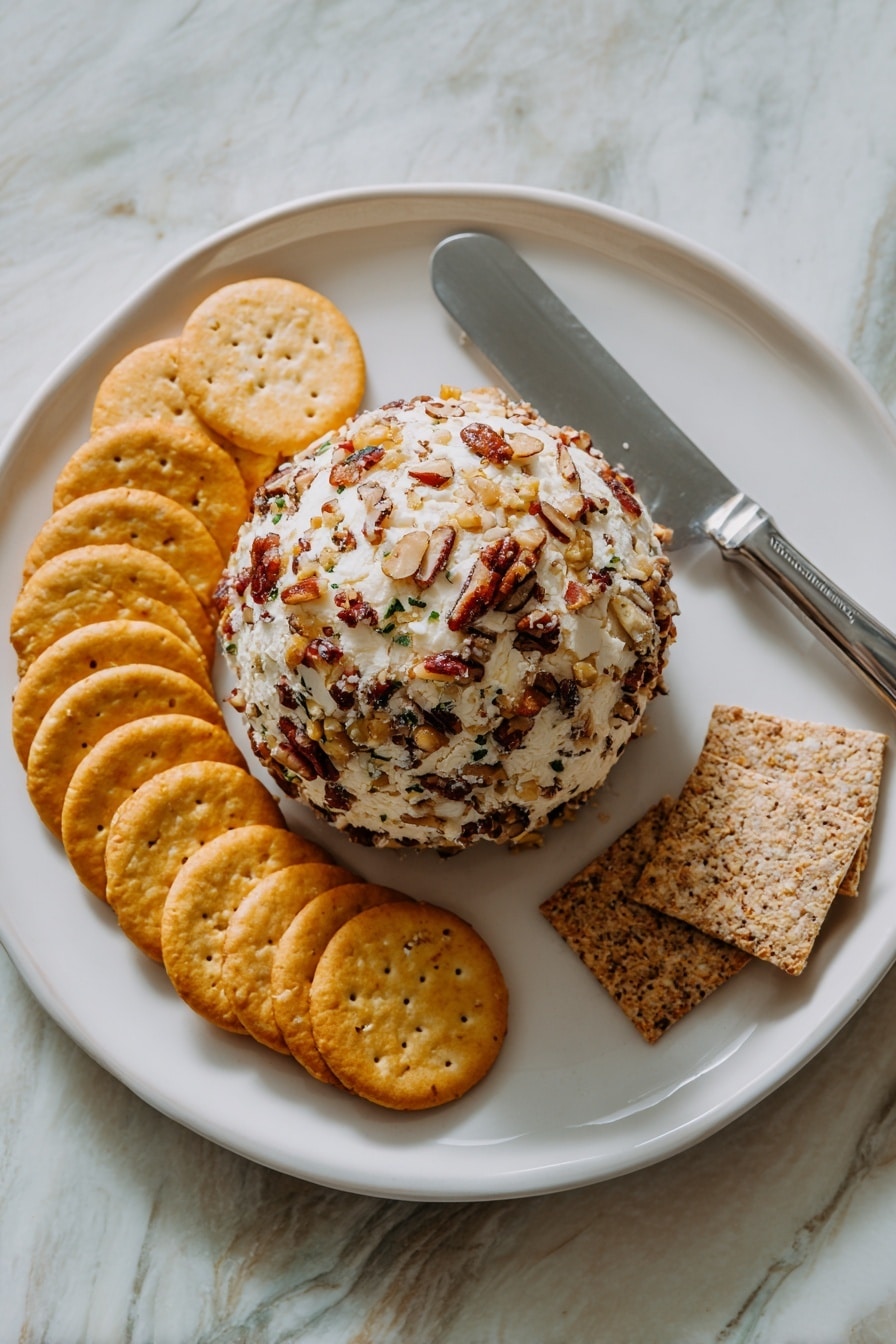 A white round plate sits on a white marbled surface. On the plate, there is a ball-shaped cheese covered with chopped nuts, showing a mix of light brown, dark brown, and small green bits. Around the ball, there are three groups of crackers arranged in curved lines: golden round crackers on the top and bottom sides, and square multigrain crackers in a light brown shade on the right side next to a silver spreader knife. The colors are warm and natural, with a mix of beige, brown, and green on the cheese ball, and pale yellows and browns on the crackers. photo taken with an iphone --ar 2:3 --v 7 - Cheese Ball with Pecans, cheese ball appetizer, party cheese ball, holiday cheese ball, creamy pecan cheese dip