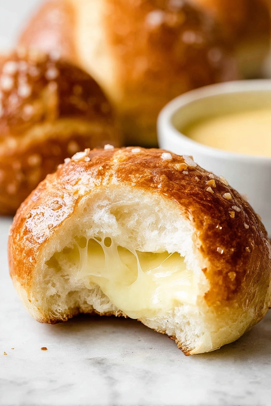 A close-up of a golden brown soft bread roll broken open to show three layers inside: the outer shiny crust with a rough texture sprinkled with coarse salt, a fluffy white bread layer beneath, and a middle layer of melted pale yellow cheese stretching slightly out of the bread. The background and surface have a white marbled texture, with another whole bread roll and a white bowl of pale yellow sauce softly blurred in the background. photo taken with an iphone --ar 2:3 --v 7 - Cheddar Cheese Pretzel Bites, homemade pretzel bites with cheddar, cheesy pretzel snacks, soft pretzel bites recipe, savory cheese pretzels