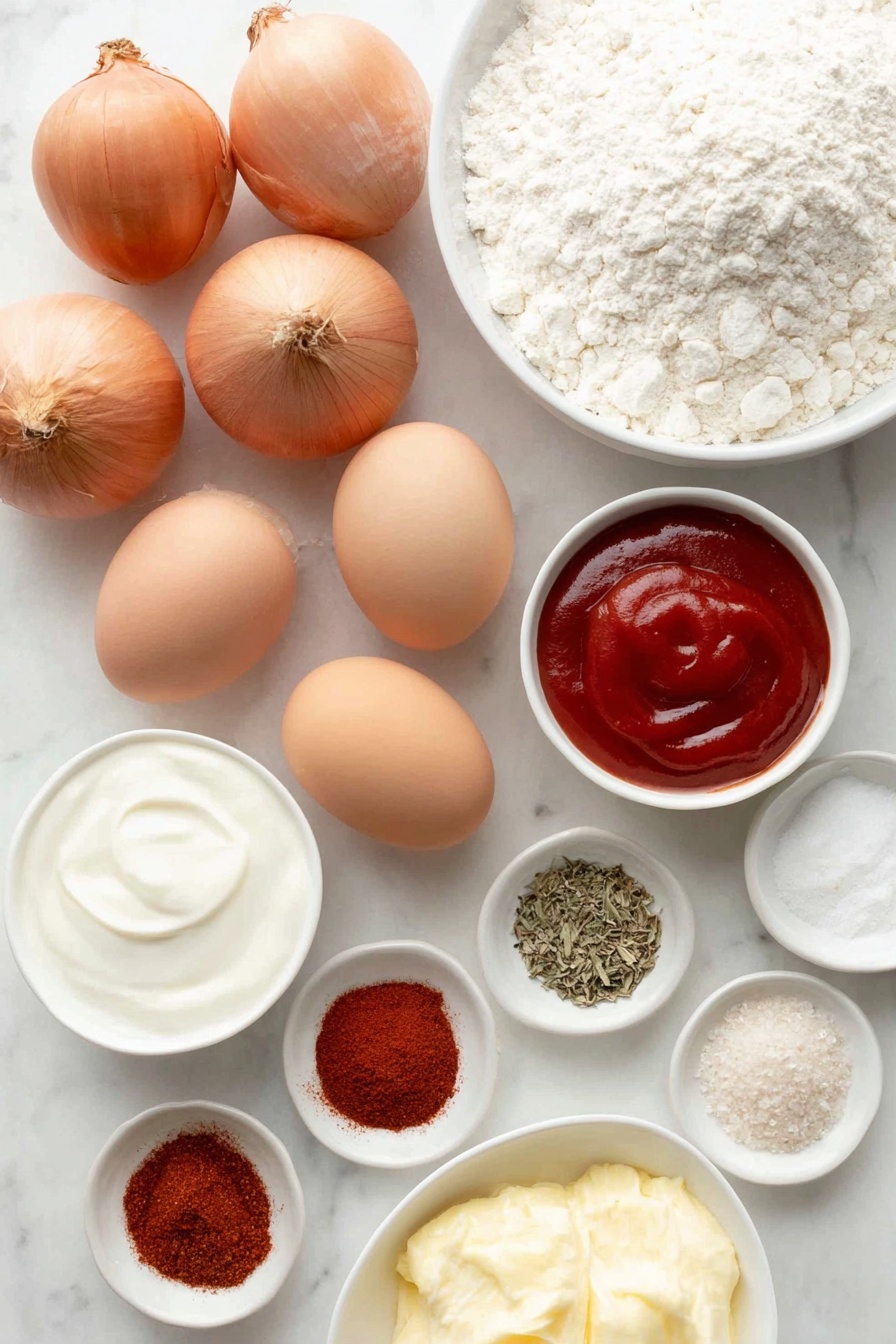 Flat lay of three medium fresh sweet onions with dry papery skins partially peeled, two whole uncracked brown eggs, a small white ceramic bowl of creamy white mayonnaise, a small white ceramic bowl of thick sour cream, a small white ceramic bowl of bright red ketchup, a small white ceramic bowl of smooth creamy horseradish sauce, a small white ceramic bowl of white milk, a small white ceramic bowl filled with off-white all-purpose flour, a small white ceramic bowl holding a warm reddish paprika powder, a small white ceramic bowl with reddish-brown ground cumin, a small white ceramic bowl of dried oregano leaves, a small white ceramic bowl of dried thyme leaves, a small white ceramic bowl of fine white salt, a small white ceramic bowl of ground cayenne pepper in bright orange-red, a small white ceramic bowl of ground black pepper, a small white ceramic bowl of pale beige garlic powder, arranged symmetrically and balanced, all ingredients fresh and natural, placed on a clean white marble surface, soft natural light, photo taken with an iPhone, professional food photography style, fresh ingredients, white ceramic bowls, no bottles, no duplicates, no utensils, no packaging --ar 2:3 --v 7 --p m7354615311229779997 - Homemade Blooming Onion with Dip,Blooming Onion recipe, Crispy onion appetizer, Steakhouse-style onion petals, Easy party appetizer with dip