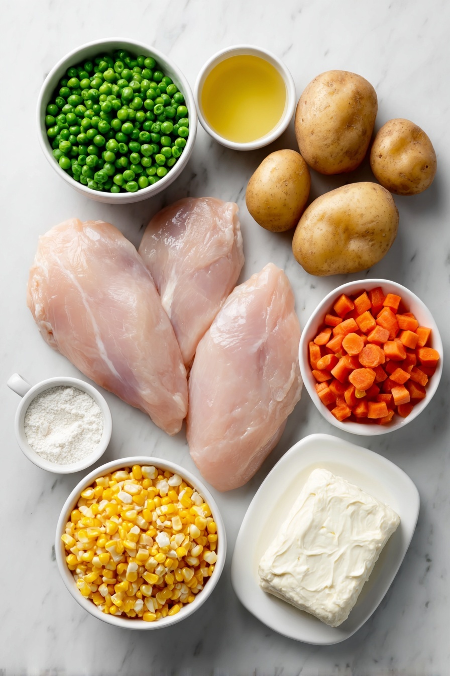 Flat lay of fresh boneless skinless chicken breasts, a small white ceramic bowl of vibrant green peas, a small white ceramic bowl of bright yellow corn kernels, a small white ceramic bowl of chopped orange carrots, a chopped celery stalk, two peeled and diced medium potatoes, a diced small yellow onion, a small white ceramic plate with a block of cream cheese at room temperature, a small white ceramic bowl of golden chicken broth, a small white ceramic bowl of garlic powder, a small white ceramic bowl of heavy cream, and a roll of refrigerated biscuit dough, all arranged with perfect symmetry in realistic proportions, placed on a clean white marble surface, soft natural light, photo taken with an iPhone, professional food photography style, fresh ingredients, white ceramic bowls, no bottles, no duplicates, no utensils, no packaging --ar 2:3 --v 7 --p m7354615311229779997 - Slow Cooker Chicken Pot Pie Soup, chicken pot pie soup, easy slow cooker soup, cozy chicken soup recipes, hearty chicken dinner ideas
