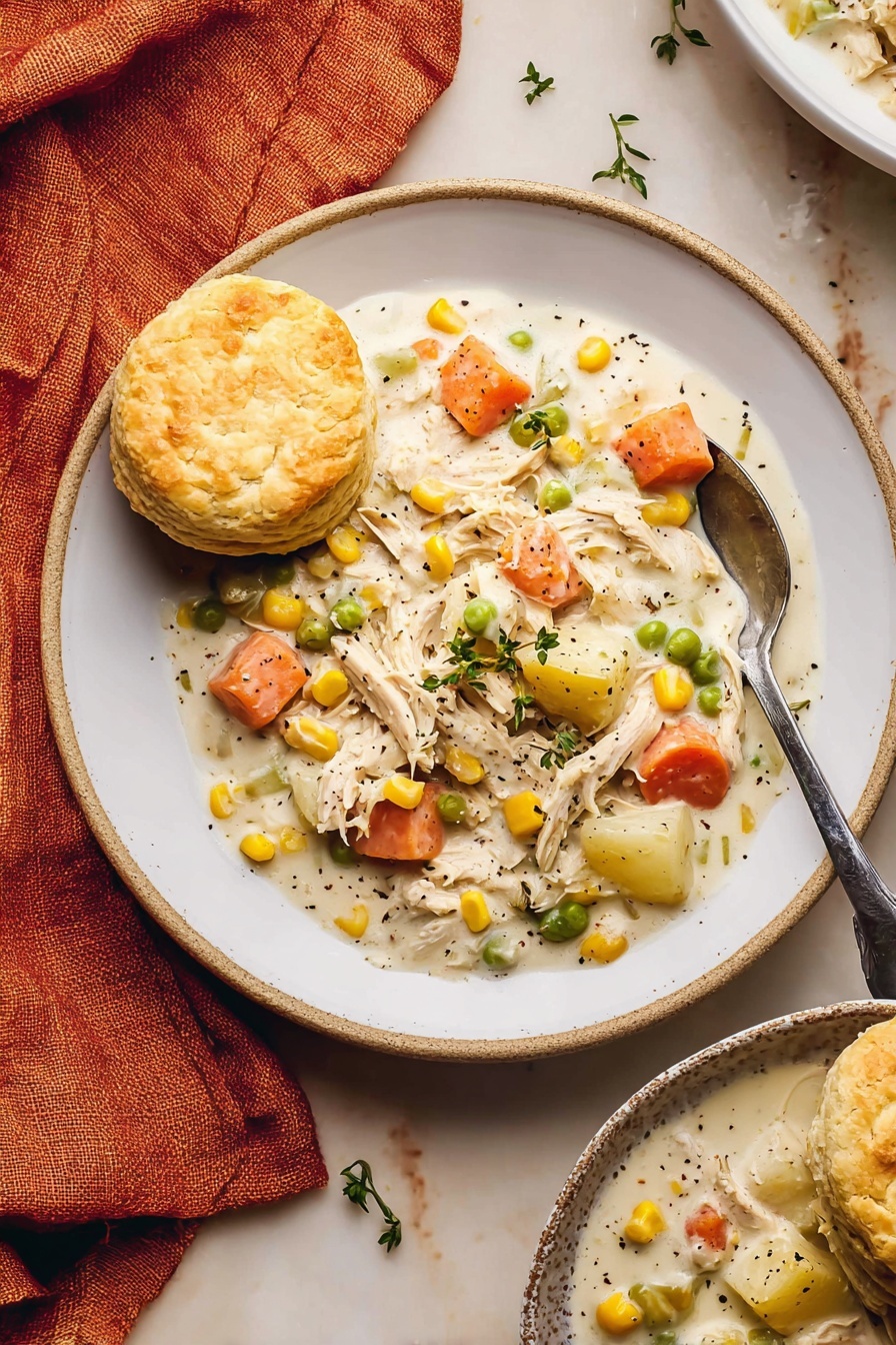 A white plate holds a creamy chicken and vegetable stew with three visible layers: the bottom layer is a thick white sauce dotted with black pepper, the middle layer shows soft chunks of orange carrots, light green celery, yellow corn, green peas, and pale potatoes, and the top layer features shredded white chicken bits and small green thyme leaves scattered on top. On the left side of the plate, a round, golden-brown biscuit sits slightly overlapping the stew. In the top right edge of the plate, a silver spoon rests partially inside the stew. The plate lies on a white marbled surface with an orange cloth napkin to the left and part of another plate with stew and a biscuit visible in the bottom right corner. Photo taken with an iphone --ar 2:3 --v 7 - Slow Cooker Chicken Pot Pie Soup, chicken pot pie soup, easy slow cooker soup, cozy chicken soup recipes, hearty chicken dinner ideas