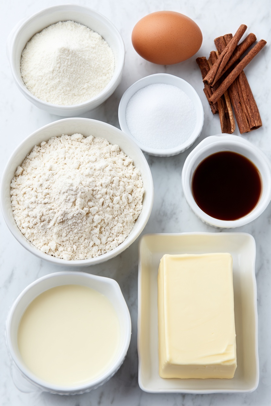 Flat lay of a small white ceramic bowl of all purpose flour, a small white ceramic bowl of granulated sugar, a few whole brown cinnamon sticks alongside small heaps of ground cinnamon and ground nutmeg on the white surface, a small white ceramic bowl of baking soda, a small white ceramic bowl of baking powder, a small white ceramic bowl of salt, a half cup of softened unsalted butter shaped in a smooth slab, one large whole uncracked egg with a clean shell, a small white ceramic bowl of dark rum extract, a small white ceramic bowl of vanilla extract, a small white ceramic bowl filled with creamy full fat eggnog, and a small white ceramic bowl of powdered sugar placed on a clean white marble surface, soft natural light, photo taken with an iPhone, professional food photography style, fresh ingredients, white ceramic bowls, no bottles, no duplicates, no utensils, no packaging --ar 2:3 --v 7 --p m7354615311229779997 - Eggnog Bread with Spiced Glaze, festive eggnog bread, holiday bread recipes, easy eggnog bread, spiced holiday baked goods