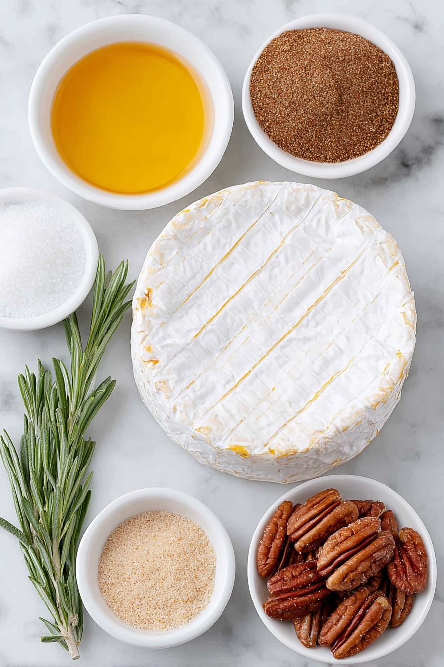 Flat lay of a whole wheel of double cream brie cheese with a light diagonal score on top, a small white bowl filled with golden maple syrup, a small white bowl of light brown granulated brown sugar, a small white bowl with a warm brown cinnamon powder, a small white bowl holding glossy pecan halves, a small white bowl containing clear vanilla extract, and a neat sprig of fresh green rosemary, all arranged symmetrically and balanced, placed on a clean white marble surface, soft natural light, photo taken with an iPhone, professional food photography style, fresh ingredients, white ceramic bowls, no bottles, no duplicates, no utensils, no packaging --ar 2:3 --v 7 --p m7354615311229779997 - Maple Pecan Baked Brie, easy baked brie appetizer, holiday cheese platter ideas, quick party appetizers, gourmet cheese appetizers