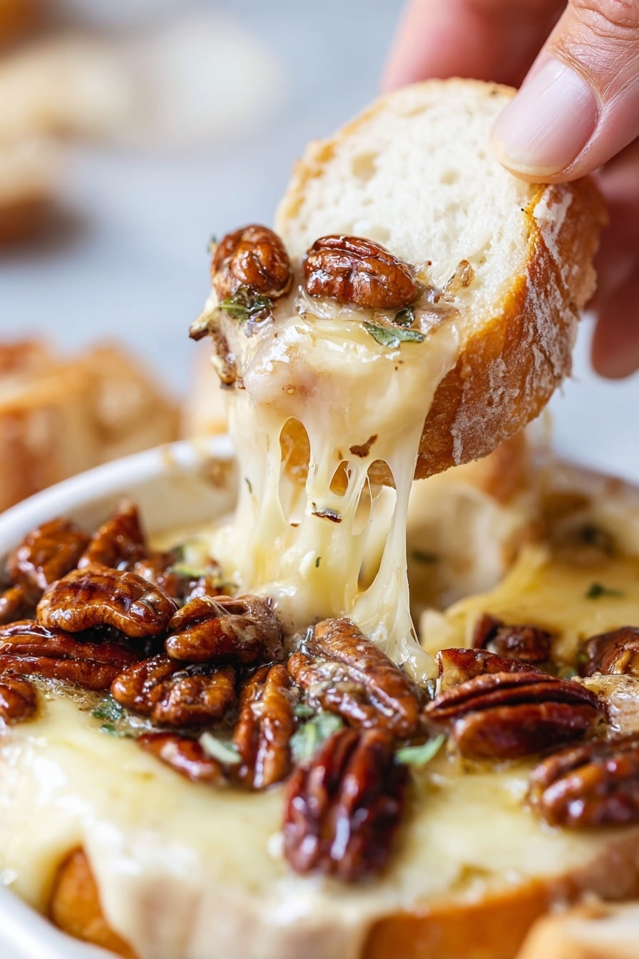 A close-up image shows a woman's hand holding a piece of white crusty bread with a soft inside, dipped into a melted cheese dish with pecans on top. The cheese is creamy and stringy, light yellow in color, and flows from both the bread and the dish below. The pecans are whole, shiny, and dark brown, scattered on top of the cheese. The dish holding the cheese is white with a slightly browned melted cheese edge visible, sitting on a white marbled surface with some blurred background details. Photo taken with an iphone --ar 2:3 --v 7 - Maple Pecan Baked Brie, easy baked brie appetizer, holiday cheese platter ideas, quick party appetizers, gourmet cheese appetizers