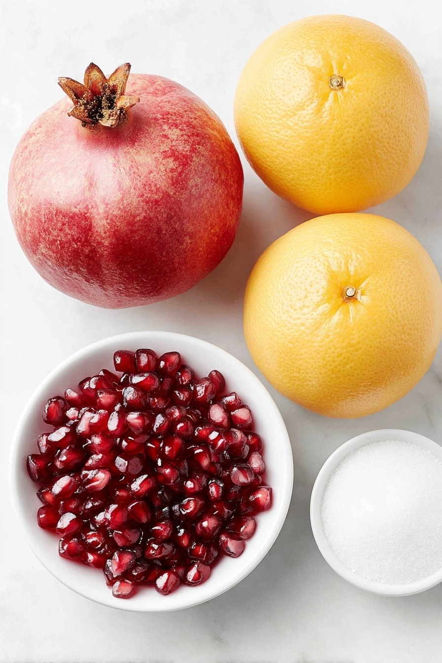 Flat lay of a whole large pomegranate with deep red leathery skin, a small white ceramic bowl filled with bright red pomegranate arils glistening with juice, two large navel oranges with vibrant orange peel, two pink grapefruits showing a soft pinkish-orange rind, and a small white ceramic bowl containing fine white granulated sugar, all arranged in perfect symmetry on a clean white marble surface, soft natural light, photo taken with an iPhone, professional food photography style, fresh ingredients, white ceramic bowls, no bottles, no duplicates, no utensils, no packaging --ar 2:3 --v 7 --p m7354615311229779997 - Winter Citrus Pomegranate Fruit Salad, citrus fruit salad, healthy winter fruit salad, easy fruit salad recipe, festive winter fruit salad