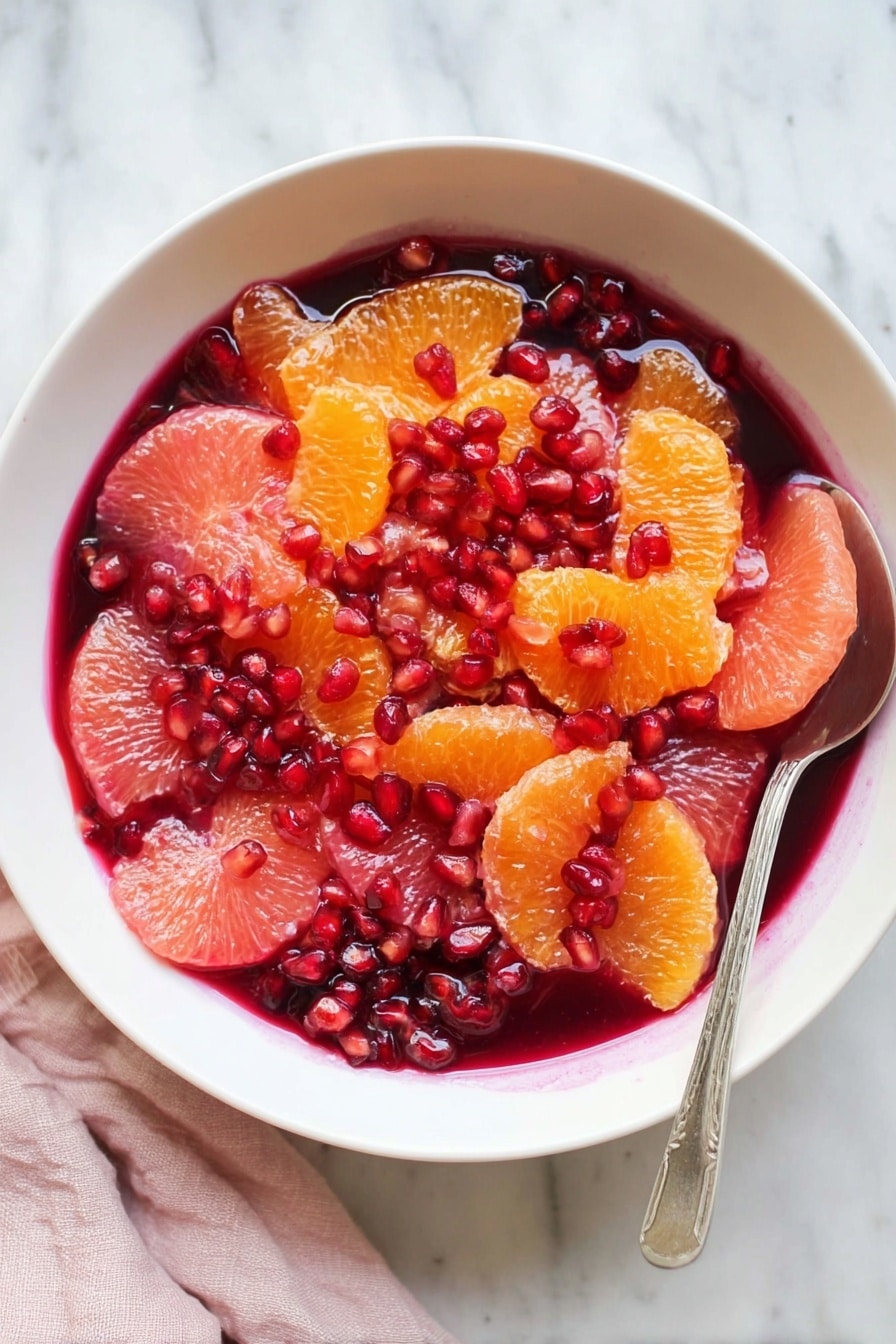 A white bowl filled with vibrant fruit layers sits on a white marbled surface. The bottom layer is a deep red juice or syrup, covering the bowl’s base. On top, there are bright orange segments and pink grapefruit pieces, both juicy and fresh. Scattered all over are shiny, ruby-red pomegranate seeds adding texture and sparkle. A silver spoon rests inside the bowl, peeking out from the right side. A soft light pink cloth is partially visible on the lower left side of the scene. Photo taken with an iphone --ar 2:3 --v 7 - Winter Citrus Pomegranate Fruit Salad, citrus fruit salad, healthy winter fruit salad, easy fruit salad recipe, festive winter fruit salad