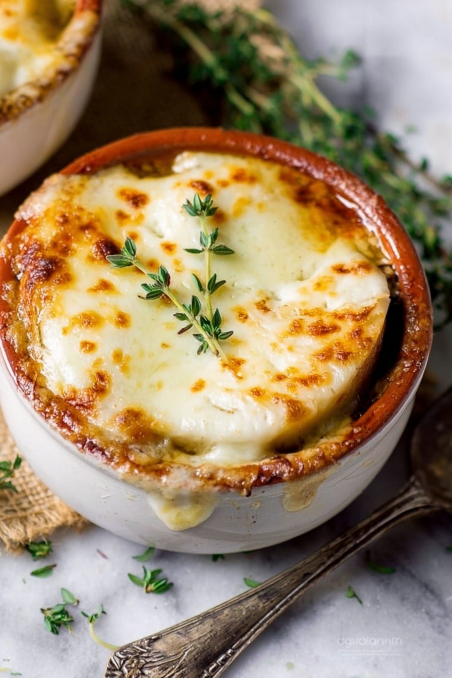 The image shows a round brown ceramic bowl filled with French onion soup. On top, there are two thick layers of melted cheese that look golden and bubbly, covering soft toasted bread underneath. The cheese is creamy white with spots of golden brown and has a smooth texture that slightly drips over the edge of the bowl. Beneath the cheese layer, dark caramelized onions in a rich broth are visible near the bowl's side. A few small green herb sprigs sit on top of the cheese, adding a fresh touch. The bowl is on a wooden surface with a silver spoon next to it against a white marbled background. Photo taken with an iphone --ar 2:3 --v 7 - Easy Crockpot French Onion Soup, crockpot onion soup, slow cooker French onion, caramelized onion soup, cheesy French onion soup