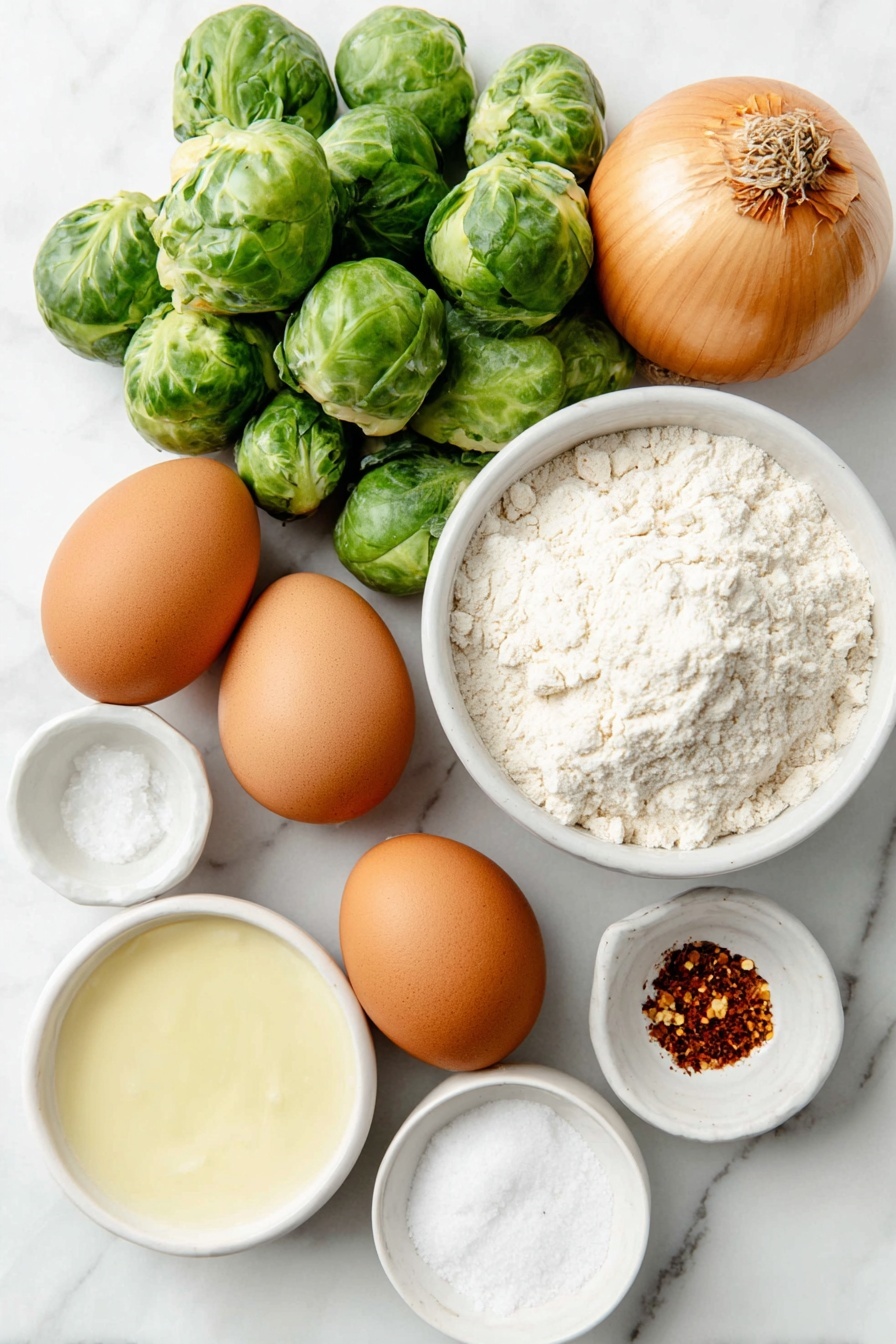 Flat lay of a small pile of fresh green Brussels sprouts, a medium sweet onion with golden brown skin, two large whole brown eggs with clean shells, a small white ceramic bowl filled with fine oat flour, a small white ceramic bowl holding coarse sea salt crystals, a small white ceramic bowl with a few fiery red pepper flakes, a small white ceramic bowl containing white baking soda powder, and a small white ceramic bowl with clear avocado oil, all arranged in perfect symmetry on a clean white marble surface, soft natural light, photo taken with an iPhone, professional food photography style, fresh ingredients, white ceramic bowls, no bottles, no duplicates, no utensils, no packaging --ar 2:3 --v 7 --p m7354615311229779997 - Baked Brussels Sprouts Latkes, healthy Brussels sprouts recipes, crispy baked vegetable latkes, gluten-free Brussels sprouts snacks, easy baked latke recipe