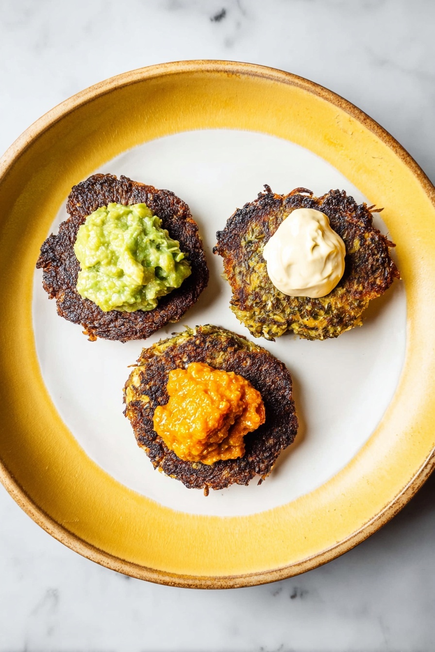 Three round, dark brown crispy patties are placed in a triangle shape on a large white plate with a yellow inside. Each patty has a different topping: the top left one has a chunky green guacamole, the top right one has a dollop of smooth white cream, and the bottom patty has a generous scoop of chunky orange sauce. The plate sits on a white marbled surface. photo taken with an iphone --ar 2:3 --v 7 - Baked Brussels Sprouts Latkes, healthy Brussels sprouts recipes, crispy baked vegetable latkes, gluten-free Brussels sprouts snacks, easy baked latke recipe