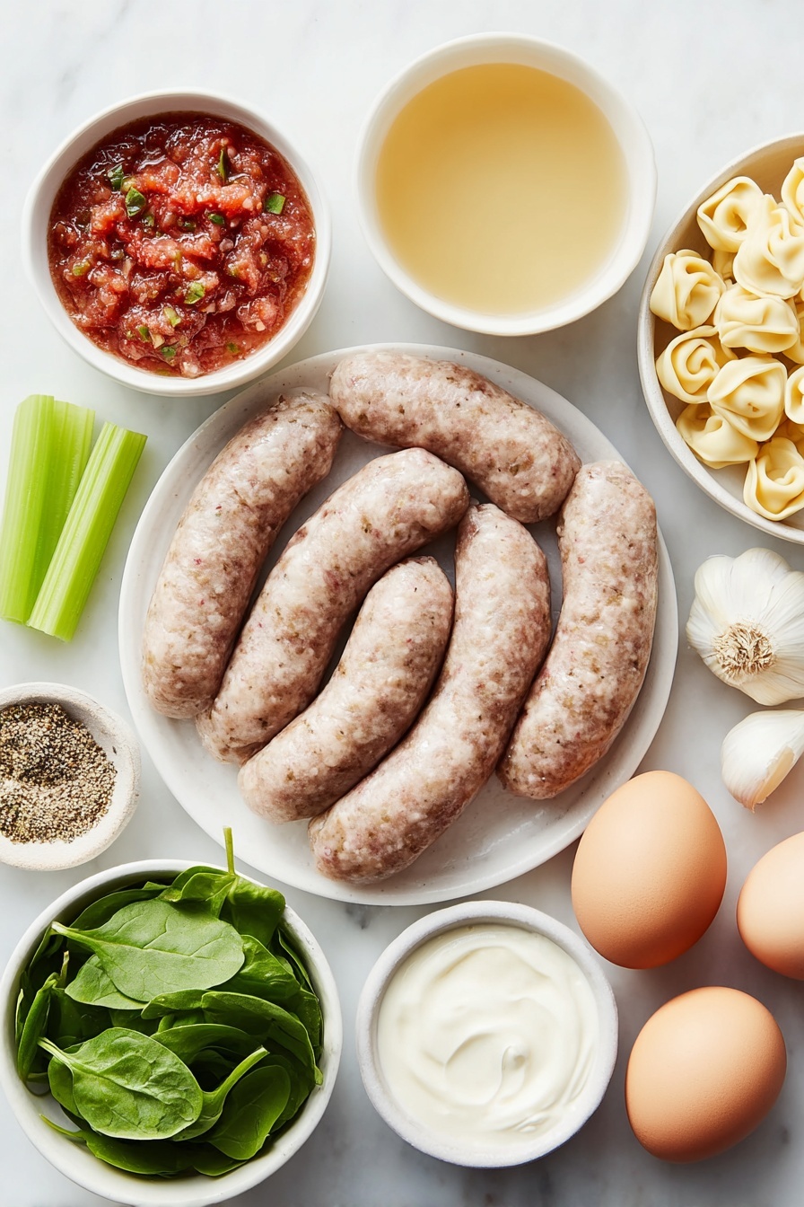 Flat lay of Italian sausage links with natural casing, a half of a medium onion finely chopped, two bright green celery sticks chopped, a small mound of white all-purpose flour, three whole cloves of garlic, a small white bowl filled with light golden chicken broth, a small white bowl of vibrant red diced tomatoes with juices, a pinch of dried Italian seasoning herbs, two generous cups of fresh cheese tortellini, a small white bowl of thick heavy cream, a packed handful of fresh baby spinach leaves, and two whole brown eggs with clean shells, all arranged symmetrically on simple white ceramic bowls and plates, placed on a clean white marble surface, soft natural light, photo taken with an iPhone, professional food photography style, fresh ingredients, white ceramic bowls, no bottles, no duplicates, no utensils, no packaging --ar 2:3 --v 7 --p m7354615311229779997 - Italian Sausage Tortellini Soup, Italian Sausage Tortellini Soup Recipe, hearty Italian sausage soup, easy tortellini soup, comforting sausage and tortellini soup