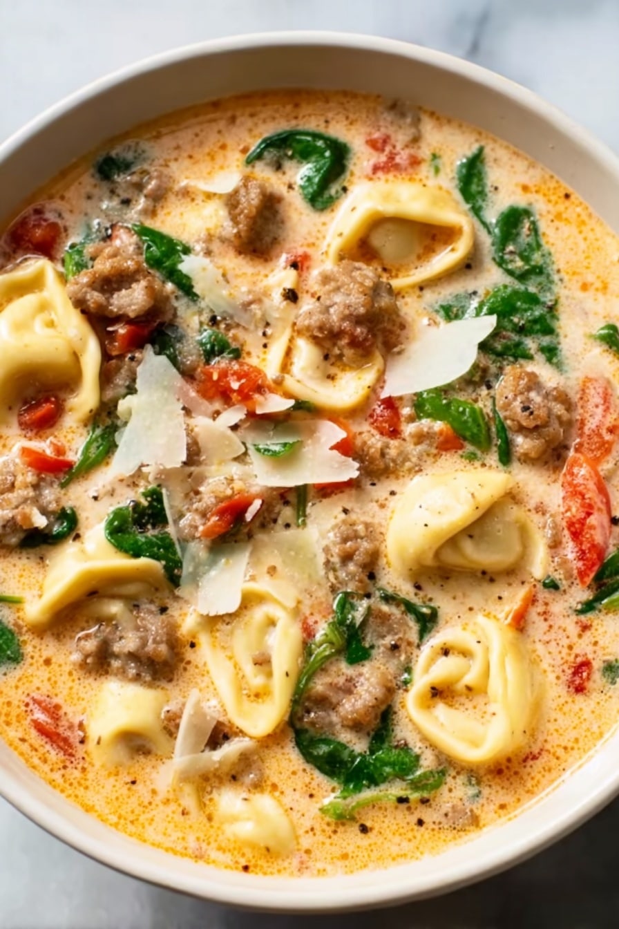 A white bowl filled with a creamy soup that has a light orange tint, layered with pieces of tortellini pasta that are pale yellow with folds. Scattered throughout are browned sausage chunks, wilted green spinach leaves, and soft red tomato pieces. Thin shavings of pale cheese float on top, partly melted into the warm soup. The bowl sits on a white marbled surface. Photo taken with an iphone --ar 2:3 --v 7 - Italian Sausage Tortellini Soup, Italian Sausage Tortellini Soup Recipe, hearty Italian sausage soup, easy tortellini soup, comforting sausage and tortellini soup