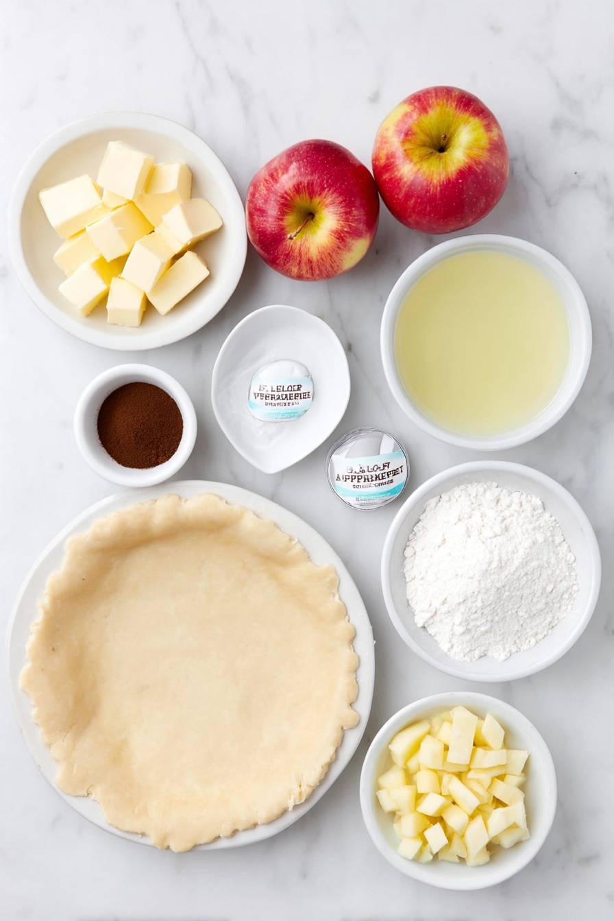 Flat lay of flaky pie dough rolled out on a simple white ceramic plate, a small mound of all-purpose flour nearby, a few small cubes of unsalted butter on a white bowl, dark brown sugar in a small white bowl, a white bowl with a blend of apple pie spices, a white bowl with clear water, a small white bowl holding freshly squeezed lemon juice, a small white bowl with vanilla extract, a few large kosher salt crystals on the side, two medium Pink Lady apples—one whole with bright red and yellow skin, the other peeled and finely diced in a neat pile on a white dish, and a small white bowl containing cornstarch, all arranged symmetrically and naturally placed on a clean white marble surface, soft natural light, photo taken with an iPhone, professional food photography style, fresh ingredients, white ceramic bowls, no bottles, no duplicates, no utensils, no packaging --ar 2:3 --v 7 --p m7354615311229779997 - Mini Apple Tarts with Flaky Crust, apple tart recipes, easy apple tart, homemade fruit tarts, flaky crust dessert