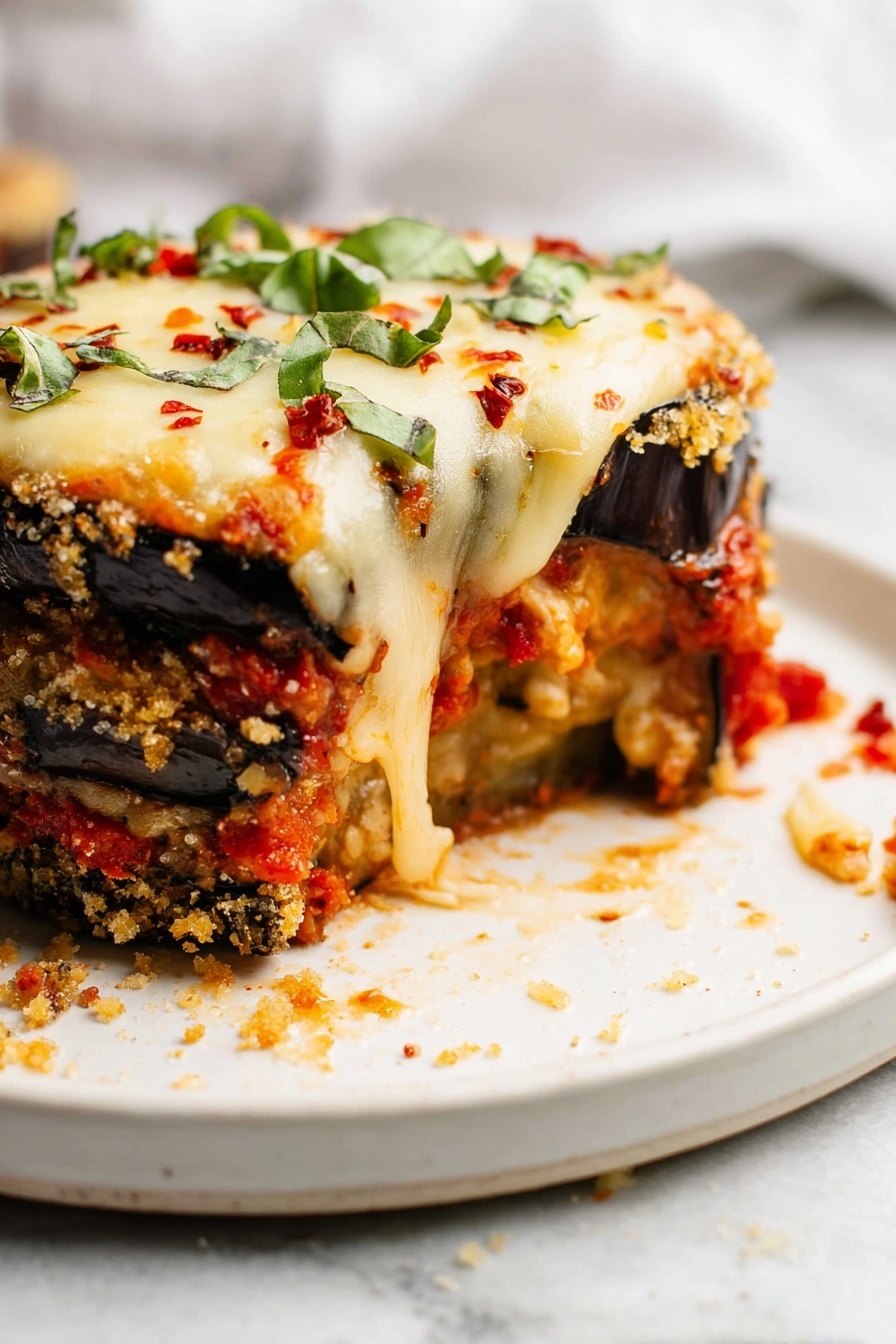 A close-up view of a layered eggplant parmesan piece on a white plate with a white marbled texture in the background. The dish has three main layers: the bottom layer is dark purple eggplant with a crispy golden-brown breadcrumb coating, the middle layer is a mix of chunky red tomato sauce and baked eggplant, and the top layer is melted light golden cheese sprinkled with fresh green basil pieces and small bits of red chili flakes. Some melted cheese strands stretch down the side, with scattered crumbs and herbs around the plate. Photo taken with an iphone --ar 2:3 --v 7 - Crispy Eggplant Parmesan Bites, eggplant parmesan appetizer, vegetarian snack ideas, easy eggplant bites, crunchy eggplant appetizers