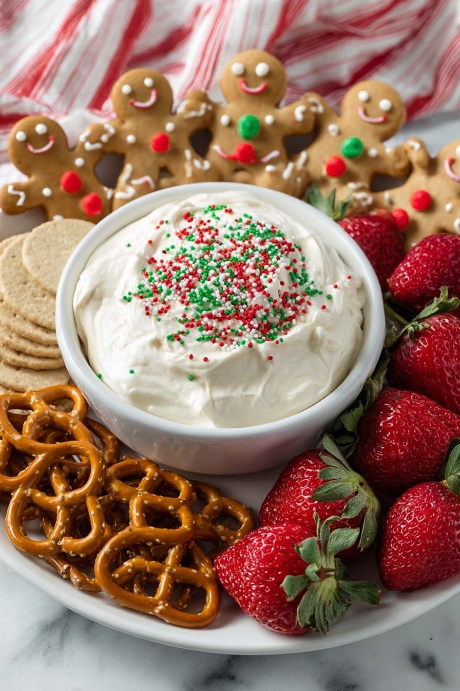 A white bowl sits in the center of a silver tray, filled with creamy white dip topped with red, green, and white Christmas-themed sprinkles. Around the bowl, there are several gingerbread man cookies with smiling faces, light brown apple slices, whole strawberries with green leaves, golden pretzels, and light brown graham crackers. The tray is placed on a white marbled surface with a red and white cloth nearby. photo taken with an iphone --ar 2:3 --v 7 - Festive Cookie Dough Dip, holiday cookie dip, easy holiday appetizers, no-bake cookie dip, Christmas party dessert