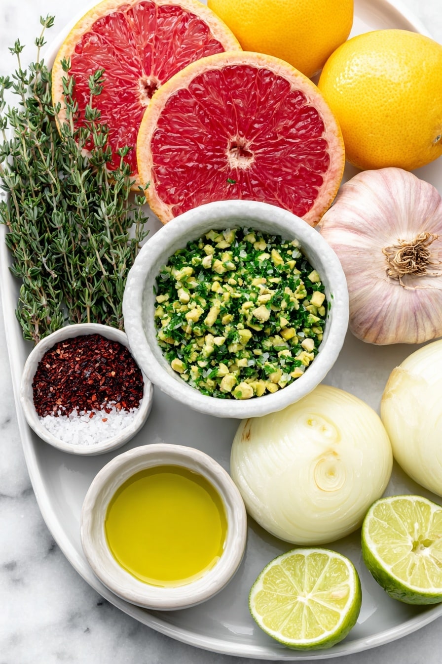 Flat lay of a variety of whole citrus fruits including blood oranges, mandarins, and grapefruits, a whole Vidalia onion with smooth pale purple skin, a few thinly sliced half-moon onion crescents arranged neatly on a large simple white ceramic platter, a small white bowl filled with roughly chopped green pistachios, three fresh thyme sprigs with tiny green leaves, a small white bowl with bright green extra virgin olive oil, a small white bowl containing freshly grated lime zest, a whole uncracked lime, a small white bowl holding coarse Maldon sea salt crystals, and a small white bowl with deep red smoked paprika powder, all arranged with perfect symmetry and balanced proportions, placed on a clean white marble surface, soft natural light, photo taken with an iPhone, professional food photography style, fresh ingredients, white ceramic bowls, no bottles, no duplicates, no utensils, no packaging --ar 2:3 --v 7 --p m7354615311229779997 - Spicy Citrus Salad with Pistachios, citrus salad recipes, easy healthy salads, quick nutty citrus salad, spicy fruit salads