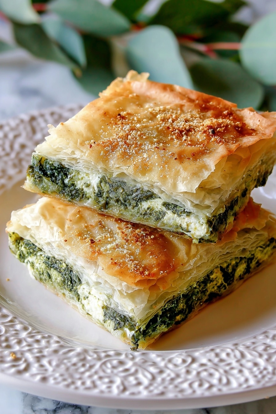 A close-up view of two thick slices of spinach and cheese pastry stacked on a white plate with a decorative rim. The pastry has a flaky, light brown top layer covered with a sprinkling of grated cheese or breadcrumbs, giving it a slightly rough texture. Inside, the filling is layered with dark and light green spinach mixed with creamy white cheese, creating a swirled, soft texture. The pastry base is thin and golden brown, supporting the dense, moist filling. The background shows soft green and purple blurred elements, all set on a white marbled surface. Photo taken with an iphone --ar 2:3 --v 7 - Spinach Ricotta Rolls, spinach and ricotta stuffed phyllo, cheesy spinach pastry, easy spinach roll-ups, vegetarian appetizer recipes