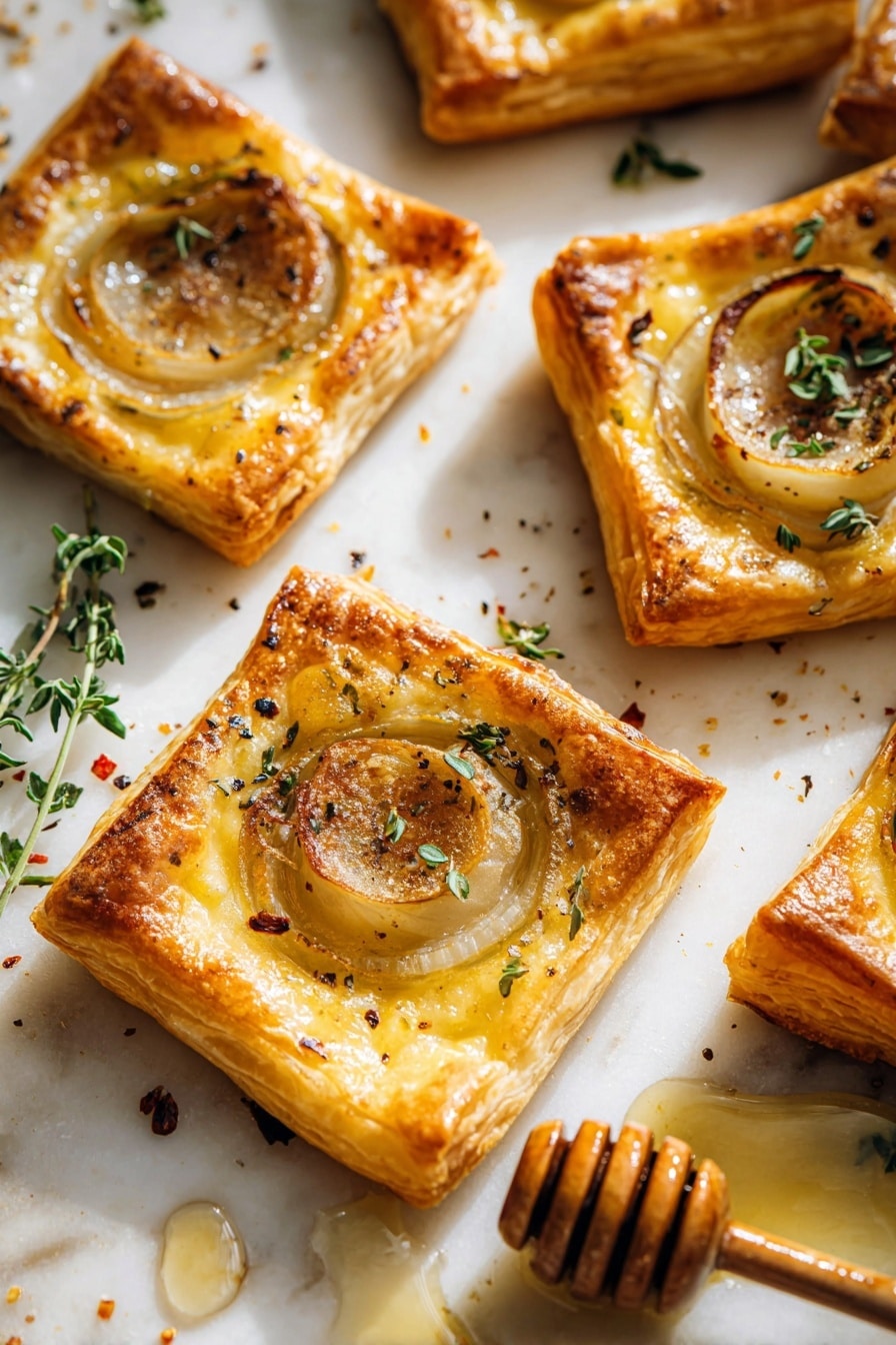 Several square puff pastry tarts are placed on a white marbled surface. Each tart has three main layers: a golden-brown crispy pastry base, a lighter yellow layer of melted cheese, and a thin, translucent round slice of cooked onion in the center. The onion slices have a slightly caramelized texture with some darker, browned edges. Small green fresh herb leaves, likely thyme, are scattered on top, along with a sprinkling of black pepper and red chili flakes. A honey dipper with some honey spilled near the tarts is visible on the right side of the image, adding a sticky shine to the scene. The light creates soft shadows that highlight the flaky texture of the pastry and the shine on the onions. Photo taken with an iphone --ar 2:3 --v 7 - Upside-Down Onion Gruyere Tarts, savory onion tart, easy puff pastry tart, caramelized onion tart, cheese and herb tart