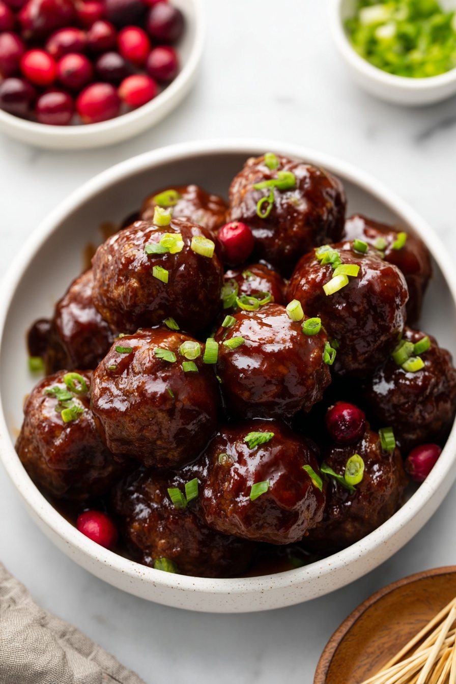A white bowl filled with eight dark brown meatballs covered in glossy, thick sauce. The meatballs are round and uneven in shape, arranged close together, with small bright green chopped scallions sprinkled on top. A few red cranberries are visible between the meatballs at the base. The bowl sits on a white marbled surface surrounded by small white bowls of cranberries, scallions, and wooden picks. Photo taken with an iphone --ar 2:3 --v 7 - Cranberry BBQ Turkey Meatballs, cranberry barbecue meatballs, turkey meatball recipes, easy slow cooker meatballs, savory turkey recipes