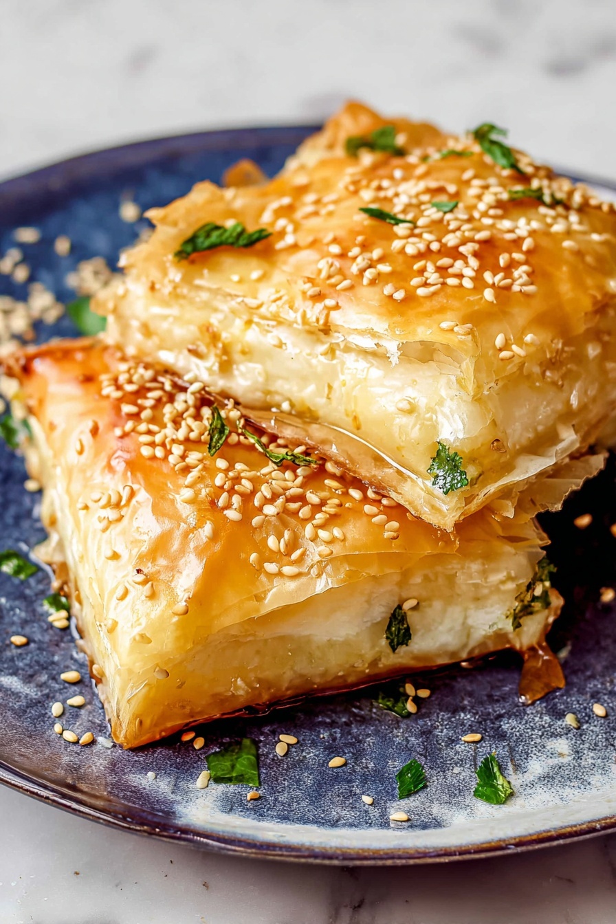 Two square pieces of golden, flaky pastry sit on a white plate with a marbled texture, topped with shiny honey glaze and sprinkled with toasted sesame seeds and small green herb leaves. The top layer is crisp and slightly cracked, showing some thin edges peeling up, while the inside layer reveals a soft, creamy white filling. Loose sesame seeds scatter around the plate, adding texture, and the plate rests on a white marbled surface. Photo taken with an iphone --ar 2:3 --v 7 - Baked Feta Wrapped in Phyllo with Honey, feta phyllo appetizer, honey feta pastry, baked cheese appetizer, savory sweet feta dish