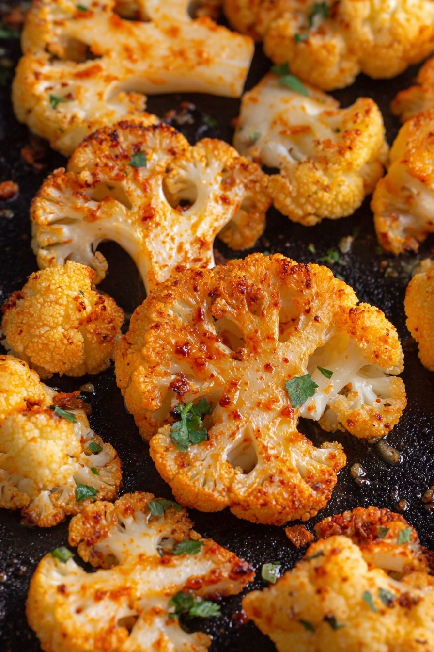 This image shows a close-up of roasted cauliflower slices laid out on a dark cooking surface. Each cauliflower slice has a golden-orange color from spices and roasting, with some crispy, slightly charred edges. The texture varies between tender white flesh inside and crunchy browned spots outside. Small bits of green herbs are sprinkled on top, adding color contrast. The cauliflower pieces vary in size but mostly are thick rounds or chunks with visible florets. photo taken with an iphone --ar 2:3 --v 7 - Oven-Roasted Cauliflower, roasted cauliflower side dish, crispy cauliflower, garlic cauliflower recipe, healthy vegetable sides