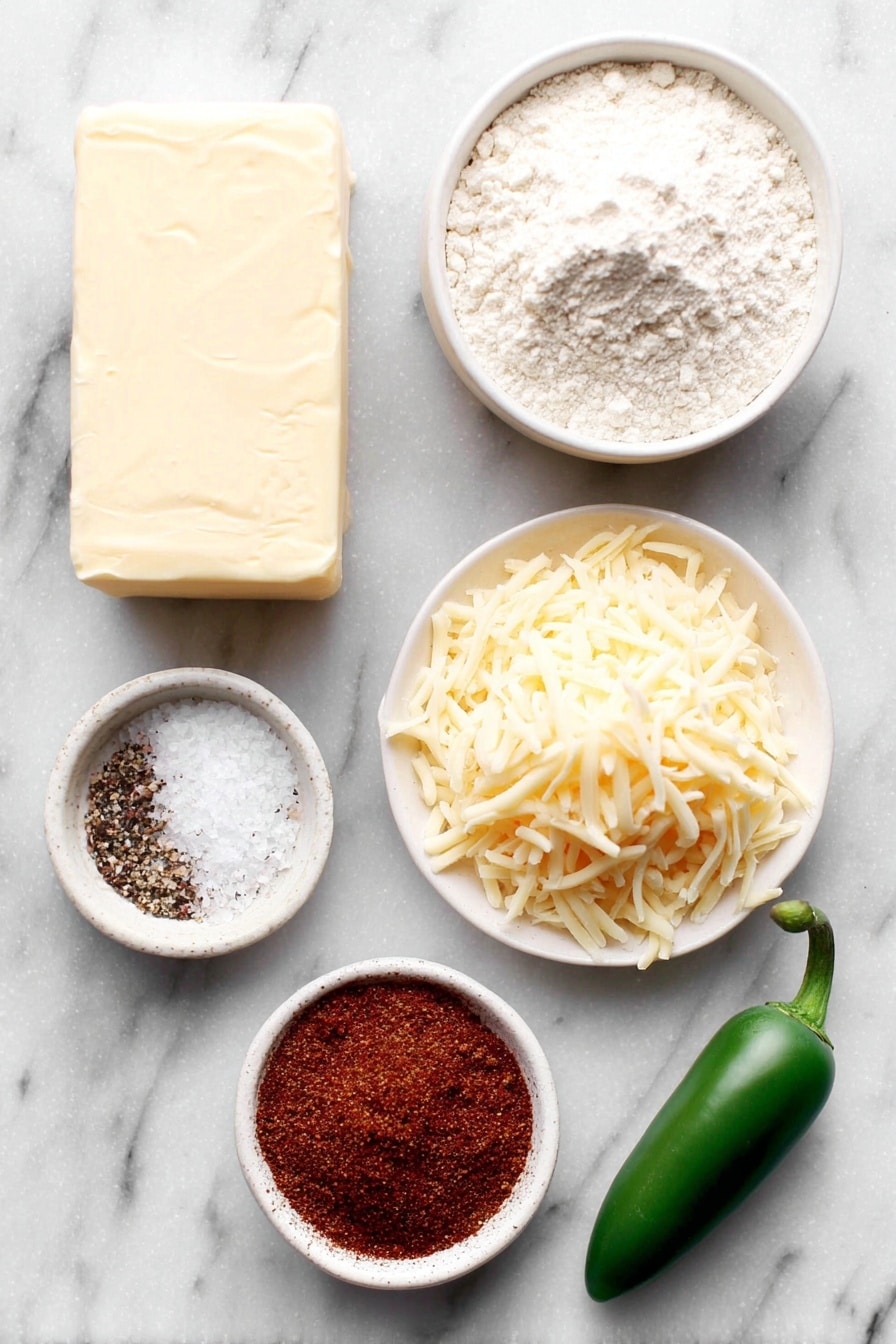 Flat lay of a stick of unsalted butter, a small mound of shredded sharp cheddar cheese, a small white ceramic bowl filled with all-purpose flour, a small white ceramic bowl containing coarse salt, a small white ceramic bowl with vibrant red chipotle powder, a fresh green jalapeño pepper whole, a small white ceramic bowl holding ground black pepper, and a tiny white ceramic dish with flaked sea salt crystals, all arranged in perfect symmetry on a clean white marble surface, soft natural light, photo taken with an iPhone, professional food photography style, fresh ingredients, white ceramic bowls, no bottles, no duplicates, no utensils, no packaging --ar 2:3 --v 7 --p m7354615311229779997 - Chipotle Cheddar Crackers, spicy cheesy crackers, smoky chipotle snacks, homemade cracker recipe, easy cheesy cracker recipe