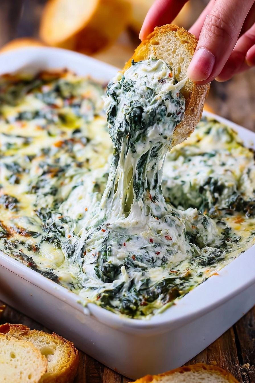 A white square dish is filled with creamy spinach dip that has a rich white color mixed with dark green spinach leaves and bits of melted light yellow cheese throughout. A woman's hand holding a piece of light brown crusty bread is dipping into the thick, stringy spinach dip, stretching the creamy mixture upwards. The dish is placed on a wooden surface with slices of bread blurred in the background. The creamy texture of the dip looks smooth and soft, with vibrant green spinach pieces scattered evenly. photo taken with an iphone --ar 2:3 --v 7 - Cheesy Spinach Dip, Spinach Cheese Dip, Easy spinach dip, Baked spinach appetizer, Crowd-pleasing spinach dip