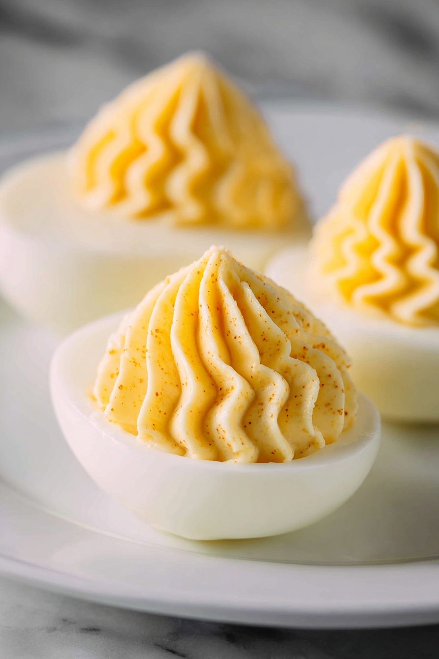 The image shows three deviled eggs on a white plate, each with a smooth white egg white base and a creamy yellow filling on top. The filling is piped in a decorative, ridged swirl with fine lines and small specks visible inside, giving a textured look. The eggs are arranged in a slight diagonal, with the closest egg in clear focus and the other two softly blurred in the background over a white marbled surface. The lighting highlights the creamy texture and soft shadows around the eggs, showing the delicate curves of the yolk mixture photo taken with an iphone --ar 2:3 --v 7 - Creamy Deviled Eggs, deviled eggs recipe, how to make deviled eggs, easy deviled eggs, party appetizer recipes