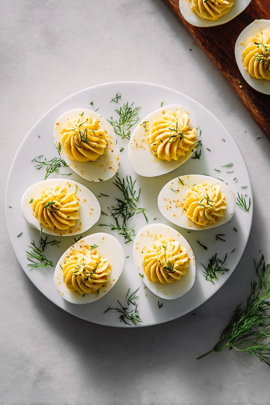 The image shows a white round plate on a white marbled surface. On the plate, there are six deviled egg halves arranged in a circle. Each deviled egg has a smooth white egg white base and a creamy, swirled yellow yolk filling on top, garnished with small green dill pieces sprinkled over and around the eggs. To the right side of the plate, there are three more deviled eggs partially visible on the same white marbled surface. Bright, natural light highlights the smooth textures and fresh garnishes, giving the dish a clean and appetizing look. Photo taken with an iphone --ar 2:3 --v 7 - Creamy Deviled Eggs, deviled eggs recipe, how to make deviled eggs, easy deviled eggs, party appetizer recipes