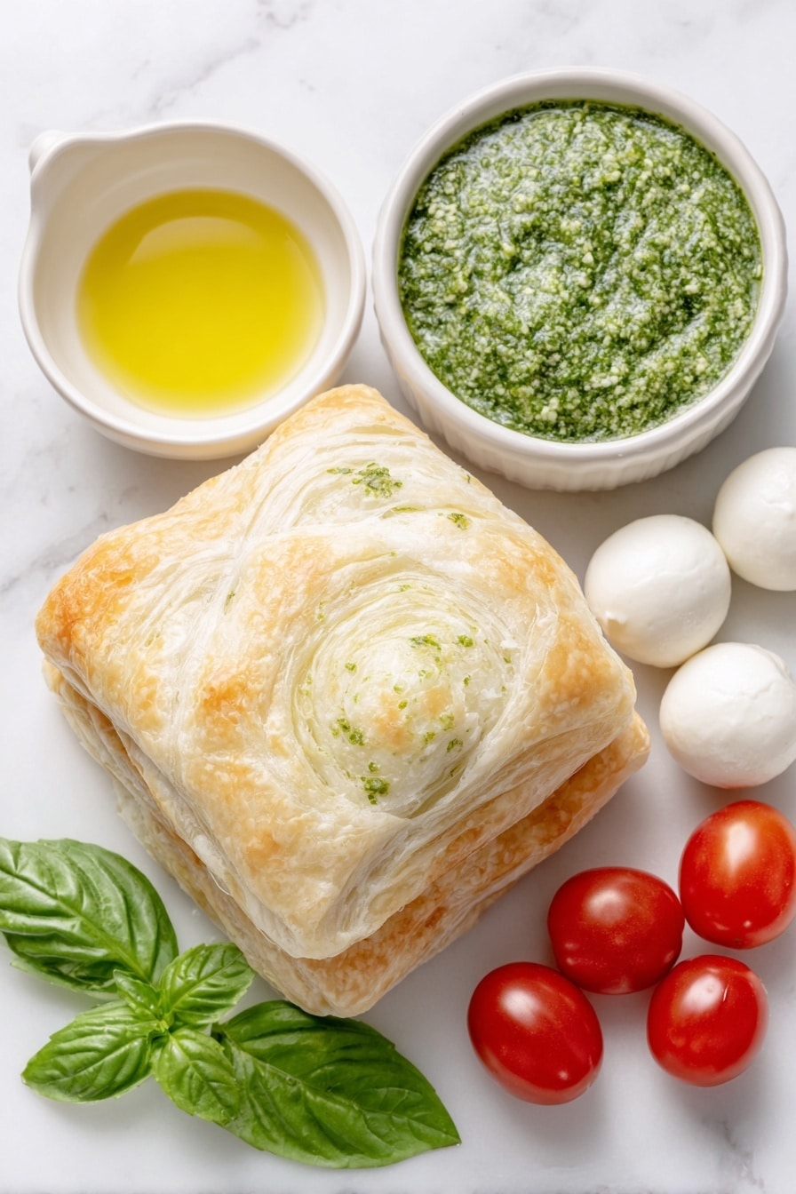 Flat lay of two sheets of fresh golden puff pastry neatly stacked, a small white ceramic bowl of vibrant green basil pesto, a few small balls of soft white mozzarella cheese, a cluster of bright red cherry tomatoes, a small white bowl containing clear melted butter, and a few bright green fresh basil leaves artfully arranged, placed on a clean white marble surface, soft natural light, photo taken with an iPhone, professional food photography style, fresh ingredients, white ceramic bowls, no bottles, no duplicates, no utensils, no packaging --ar 2:3 --v 7 --p m7354615311229779997 - Puff Pastry Christmas Tree Appetizer, festive holiday appetizer, Christmas appetizer ideas, easy holiday appetizers, puff pastry appetizer recipes