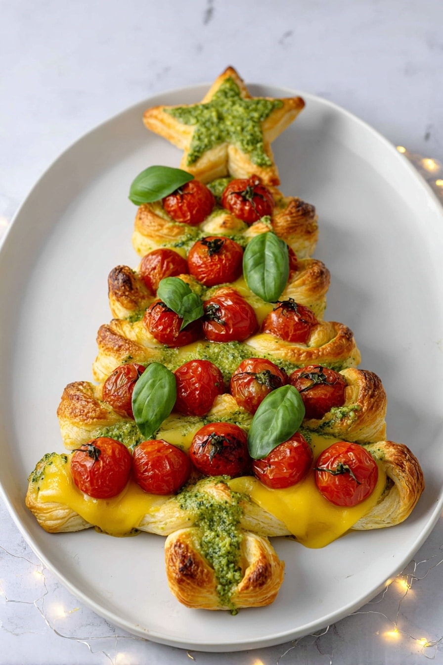 The dish is shaped like a Christmas tree on a white plate with a white marbled surface background. It has three main layers: the bottom and middle layers are made of golden brown puff pastry twisted into branches with a light green pesto sauce drizzled on top. The center layer is a smooth, bright yellow melted cheese base. Bright red cherry tomatoes are placed in vertical rows in the middle and among the branches, and fresh green basil leaves are scattered evenly on top for decoration. At the top of the tree is a star-shaped puff pastry piece with green pesto sauce in the center. Photo taken with an iphone --ar 2:3 --v 7 - Puff Pastry Christmas Tree Appetizer, festive holiday appetizer, Christmas appetizer ideas, easy holiday appetizers, puff pastry appetizer recipes