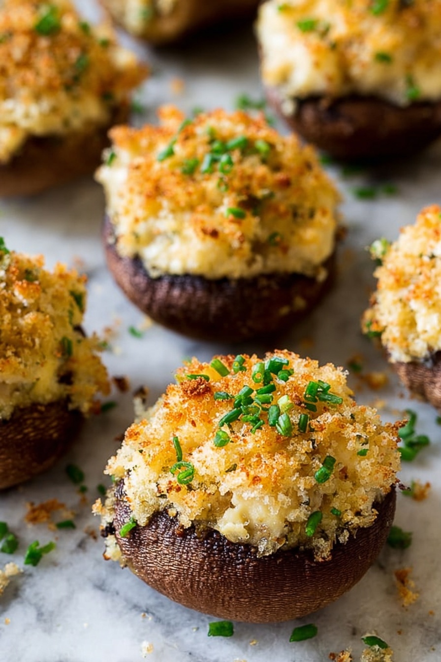 This image shows close-up stuffed mushrooms placed on a white marbled surface. Each mushroom has a dark brown base that is hollowed out and filled with a thick, creamy light beige filling. On top of the filling, there is a golden brown, crunchy breadcrumb layer with a rough texture. Small bright green chopped chives are sprinkled over the breadcrumbs, adding a fresh pop of color. The mushrooms are arranged closely together, showing a warm, baked look with slight browning on the crumbs. photo taken with an iphone --ar 2:3 --v 7 - Crab Stuffed Mushrooms, Crab Stuffed Mushrooms appetizer, easy crab mushroom recipe, elegant crab mushroom bites, creamy cheesy stuffed mushrooms