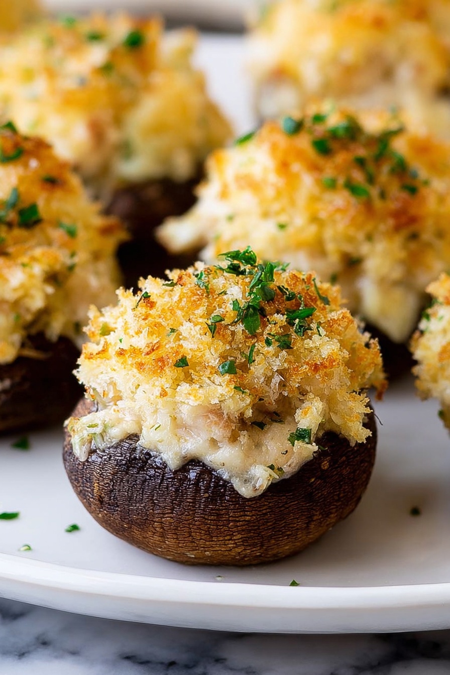 The image shows several stuffed mushrooms on a white plate against a white marbled surface. Each mushroom has a dark brown cap as the base layer, topped with a light creamy filling that looks soft and slightly stringy. On top of this filling, there is a layer of golden brown crispy breadcrumbs, sprinkled with small pieces of green herbs. The mushrooms are close together, with one in the front sharply in focus and the others softly blurred behind it. Photo taken with an iphone --ar 2:3 --v 7 - Crab Stuffed Mushrooms, Crab Stuffed Mushrooms appetizer, easy crab mushroom recipe, elegant crab mushroom bites, creamy cheesy stuffed mushrooms