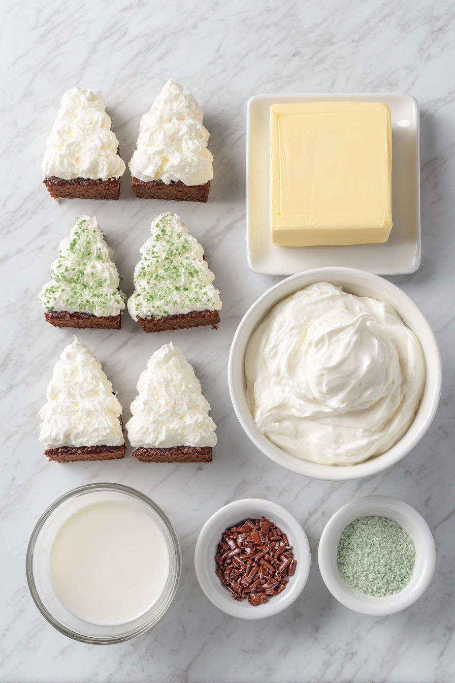 Flat lay of five small rectangular snack cakes decorated like Christmas trees with green and white frosting, one extra snack cake placed upright, a block of smooth cream cheese, a small white bowl filled with white cool whip, a tiny white bowl with clear milk, a tiny white bowl holding fine red sugar sprinkles, and another tiny white bowl with fine green sugar sprinkles, all arranged symmetrically and evenly spaced on a clean white marble surface, soft natural light, photo taken with an iPhone, professional food photography style, fresh ingredients, white ceramic bowls, no bottles, no duplicates, no utensils, no packaging --ar 2:3 --v 7 --p m7354615311229779997 - Christmas Tree Cake Dip, festive holiday dip, easy Christmas dessert, no-bake holiday treat, Christmas snack idea