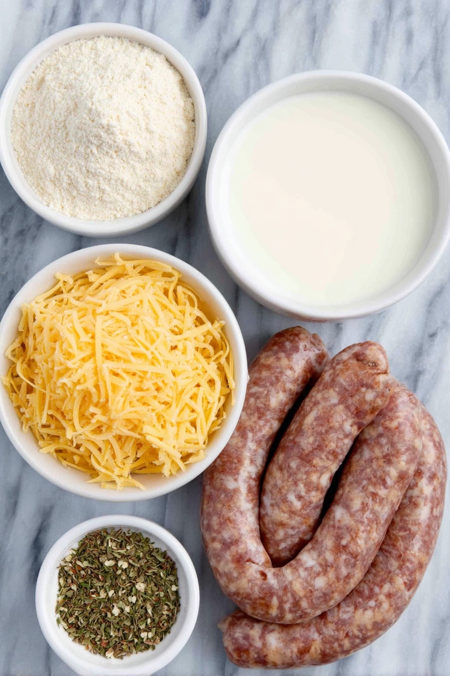 Flat lay of a small mound of pale beige Bisquick baking mix, a raw raw pork sausage link coiled loosely, a small white ceramic bowl filled with creamy milk, grated sharp cheddar cheese piled in a neat heap with vibrant deep orange and pale yellow shreds, and a small white ceramic bowl containing mixed dried Italian seasoning herbs in green and brown hues, all arranged symmetrically on a clean white marble surface, soft natural light, photo taken with an iPhone, professional food photography style, fresh ingredients, white ceramic bowls, no bottles, no duplicates, no utensils, no packaging --ar 2:3 --v 7 --p m7354615311229779997 - Cheddar Sausage Balls, sausage ball recipe, cheesy sausage bites, savory appetizer idea, quick snack recipe