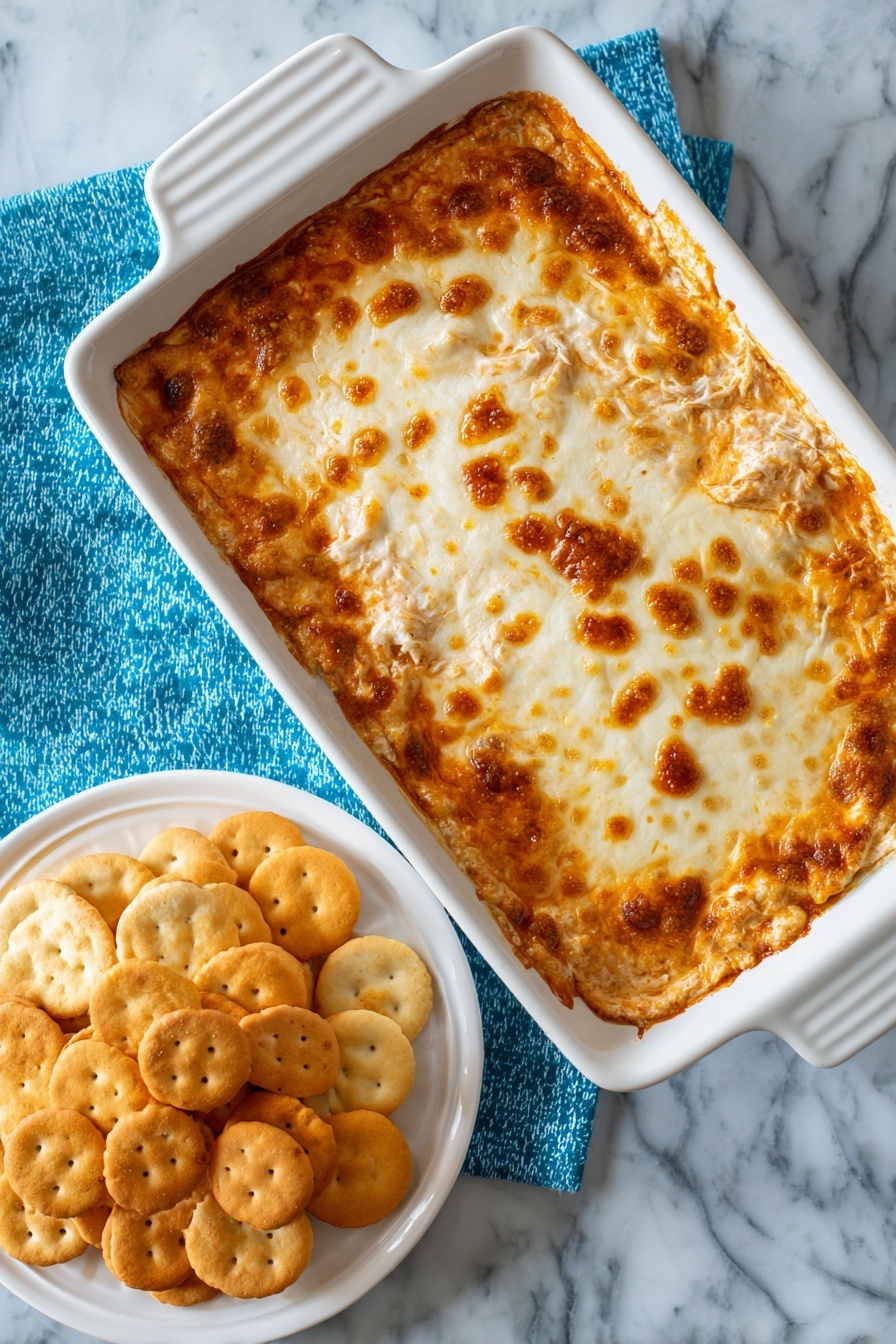 A white rectangular baking dish filled with a baked dip that has a golden brown and slightly crispy cheese layer on top. The dip’s surface looks bubbly and uneven with some darker browned spots, showing a textured melted cheese crust. Next to the dish on a white plate sit different kinds of light orange and tan crackers, some round and some square, placed on a white marbled surface with a blue cloth underneath the baking dish. Photo taken with an iphone --ar 2:3 --v 7 - Spicy Maryland Crab Dip, Maryland Crab Dip, Crab Dip appetizer, Chesapeake Bay crab dip, Spicy seafood dip