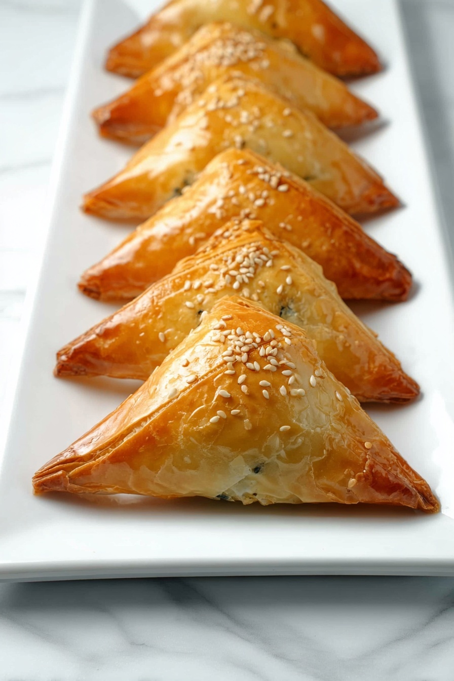 A line of six triangular pastries with a shiny golden-brown crust is placed on a white rectangular plate. Each pastry is topped with a few scattered sesame seeds and shows slight cracks on the surface, suggesting a flaky texture. The pastries are arranged from the front to the back in a neat row, and the plate sits on a white marbled surface. The lighting highlights the glossy finish and soft texture of the pastry crust photo taken with an iphone --ar 2:3 --v 7 - Easy Spinach and Feta Phyllo Triangles, spinach and feta appetizer, flaky phyllo triangles, quick spinach dips, cheesy Greek-inspired snacks