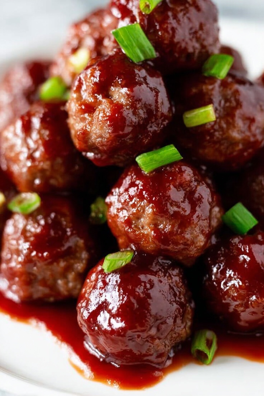 A close-up of many small round meatballs stacked on a white plate, each meatball coated in a thick, shiny dark red sauce that looks sticky and rich. Small pieces of bright green chopped scallions are scattered on and around the meatballs, adding contrast. The sauce pools around the base of the meatballs, enhancing the glossy texture. The background is a white marbled surface. photo taken with an iphone --ar 2:3 --v 7 - Crockpot BBQ Meatballs, easy slow cooker meatballs, homemade BBQ meatballs, quick appetizer recipes, simple meatball dish