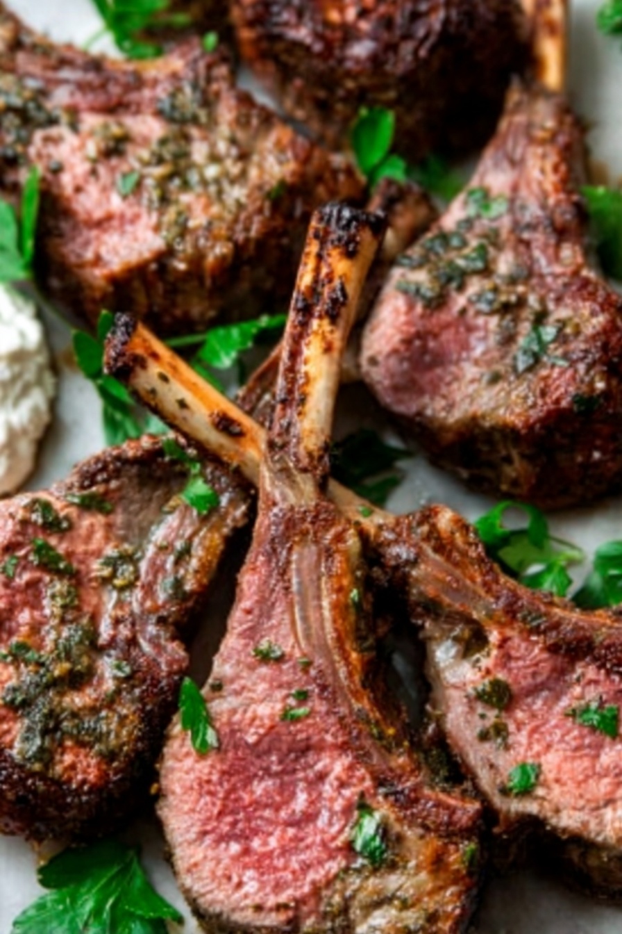 A white plate holds multiple cooked lamb chops arranged closely with their bones pointing outward, showing a mix of brown and pink tones on the meat with a textured herb coating on the surface. The lamb chops are thick with a juicy, tender interior and slightly crispy edges. Small green parsley leaves are scattered around the plate, adding a fresh contrast. In the background, there is a white bowl containing a white sauce with small green herb pieces, all set on a white marbled surface. Photo taken with an iphone --ar 2:3 --v 7 - Garlic Herb Roasted Rack of Lamb, roasted rack of lamb with herbs, garlic and herb lamb marinade, easy lamb main dish, elegant lamb roast recipe