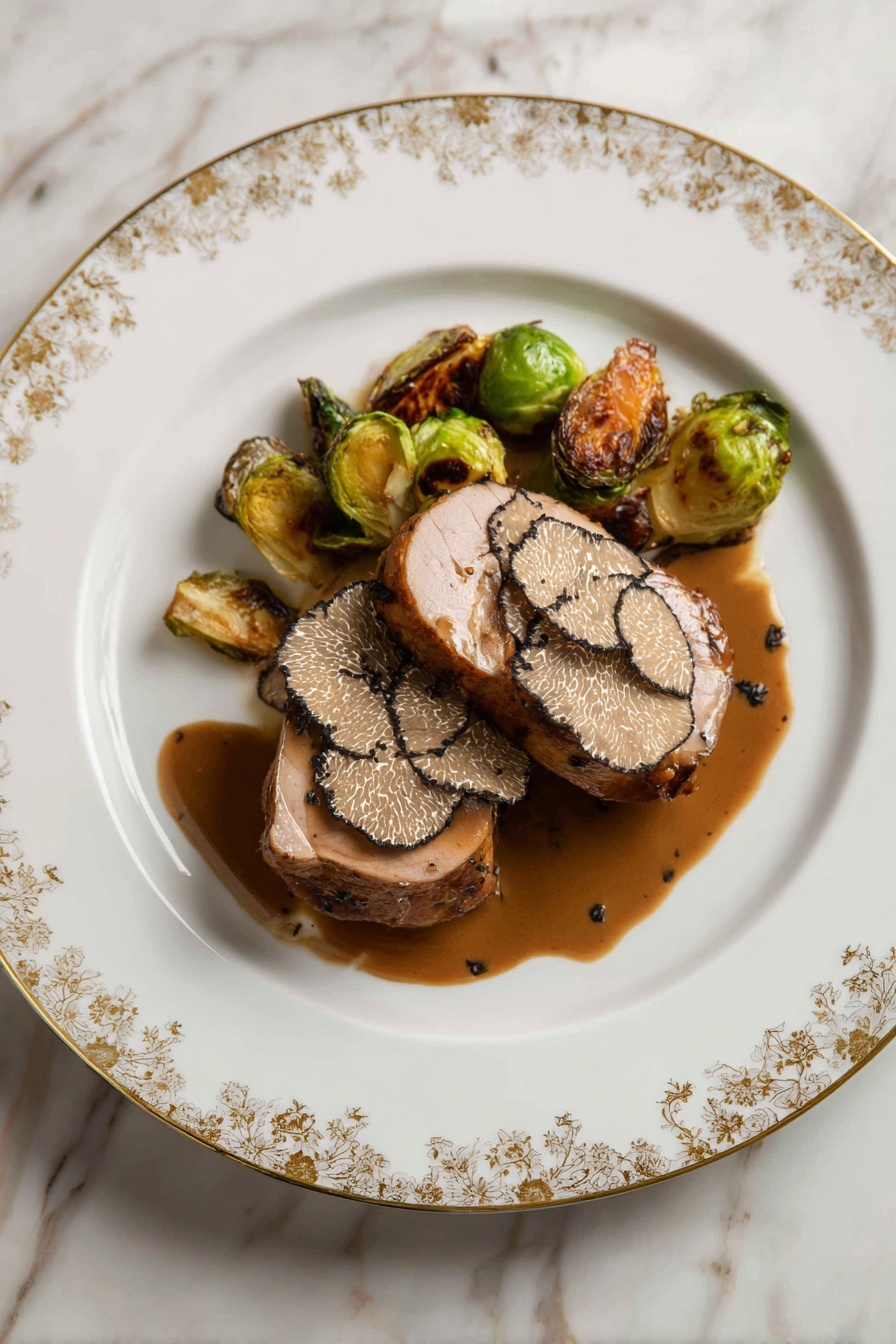 The dish shows two thick slices of cooked meat with a crispy brown outer layer, topped with thin dark brown truffle slices with white veining. The meat rests partly on a pool of shiny brown sauce that has a few small pieces in it. On the side, there are some roasted Brussels sprouts, showing green and toasted brown shades, and a small piece of roasted orange vegetable. All this is arranged neatly on a white plate with a delicate gold and white patterned rim, set on a white marbled surface. photo taken with an iphone --ar 2:3 --v 7 - Roast Christmas Goose with Delicious Gravy, Christmas goose recipe, holiday roast goose, festive goose with gravy, crispy roast goose